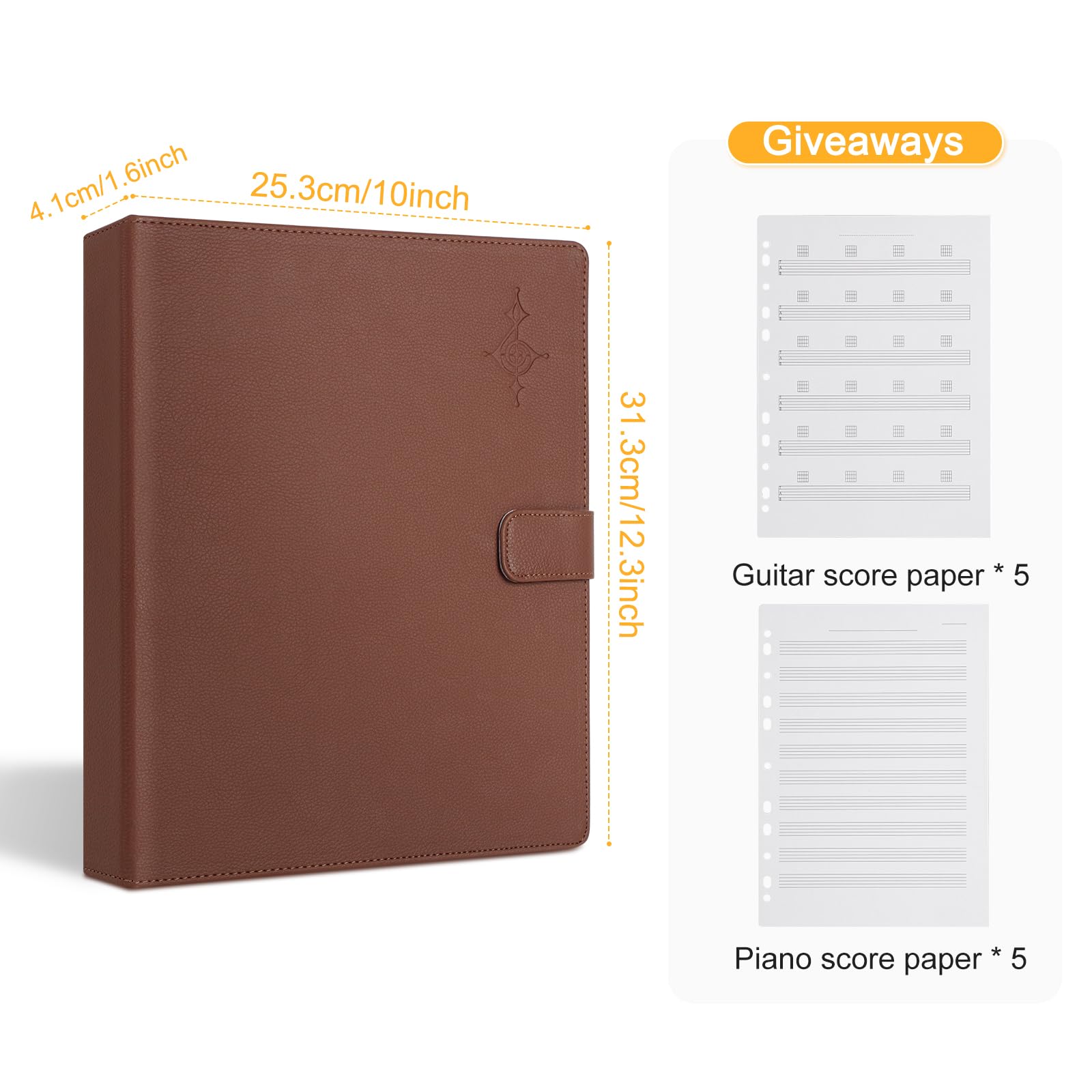 Rockhouse Sheet Music Folder, 3 Ring Binder Music Holder PU Leather Choir Folder 60 Pages Fit for Sheet Music Paper 8.5 x 11 Inch, Brown