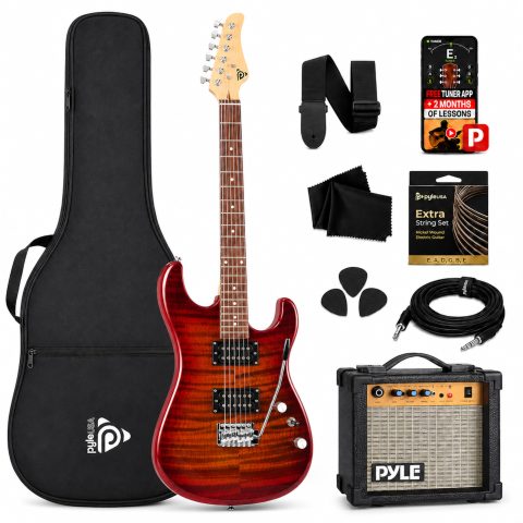 Pyle Electric Guitar Kit with Amp, Full Size Instrument with Humbucker Pickups, Guitarra Electrica Amplifier and Beginner Bundle Accessories, 39″ Red
