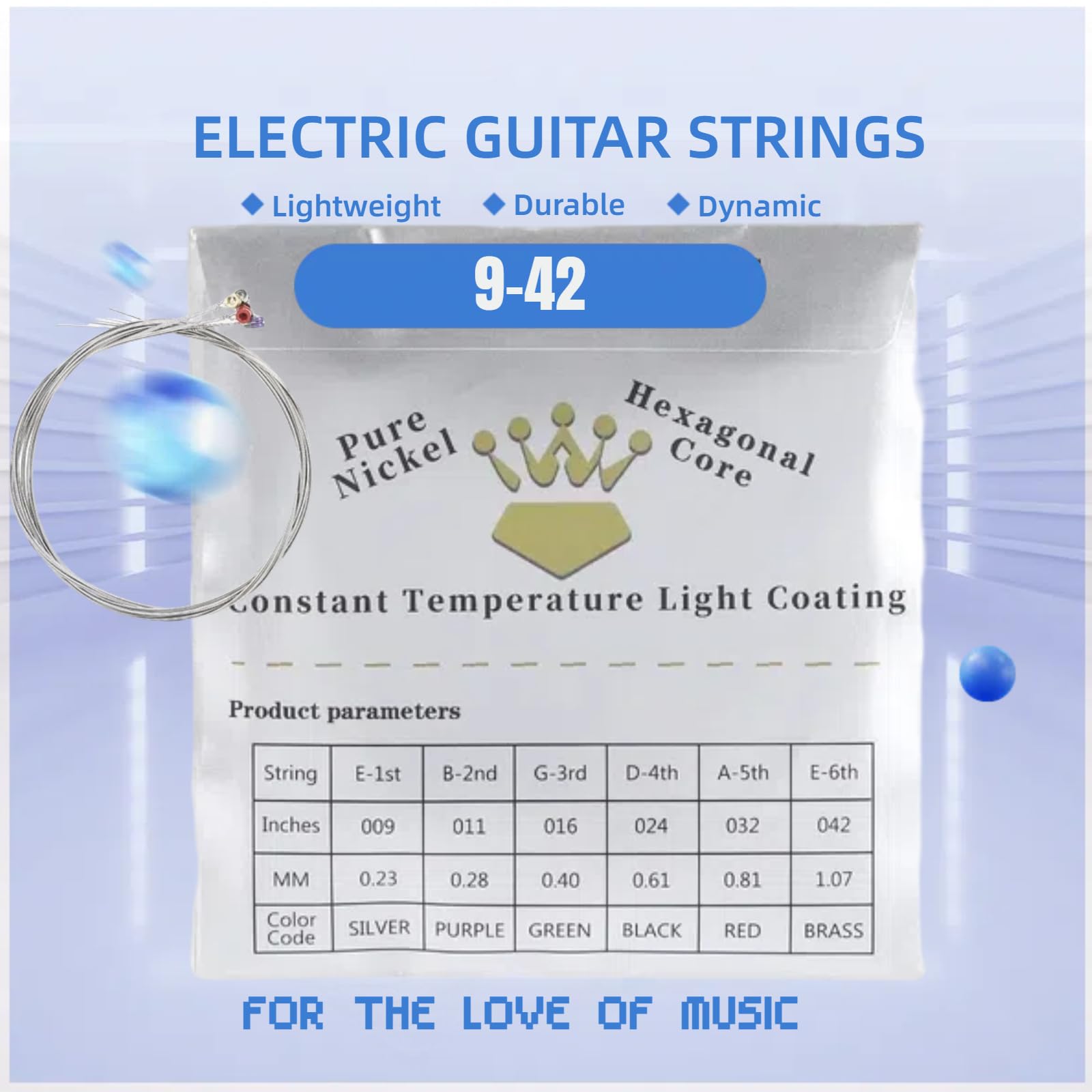 Electric Guitar Strings Handmade Nickel Plated Hex Steel Colorful Ball End-6 String-with, reusable soft leather pouch,Radiant Tone, Explosive Power (Silver(10/46))