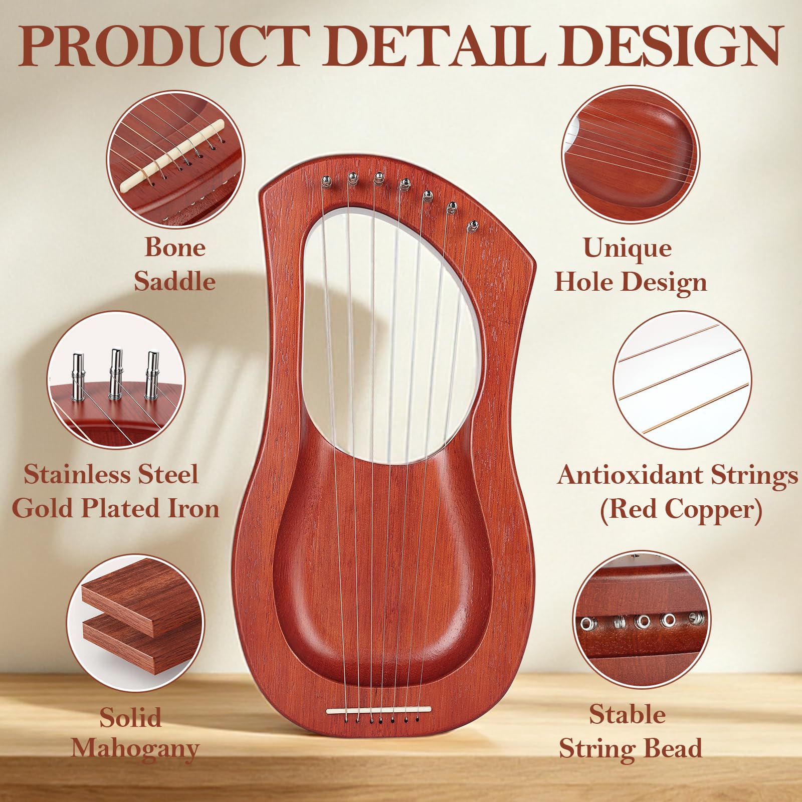 Lotkey 7 String Concave Lyre Harp, Handcrafted Solid Okoume Wood Harp for Beginners, Musical Instrument Portable Gift with Storage Bag, Tuning Wrench & Spare Strings for Kids & Adults.