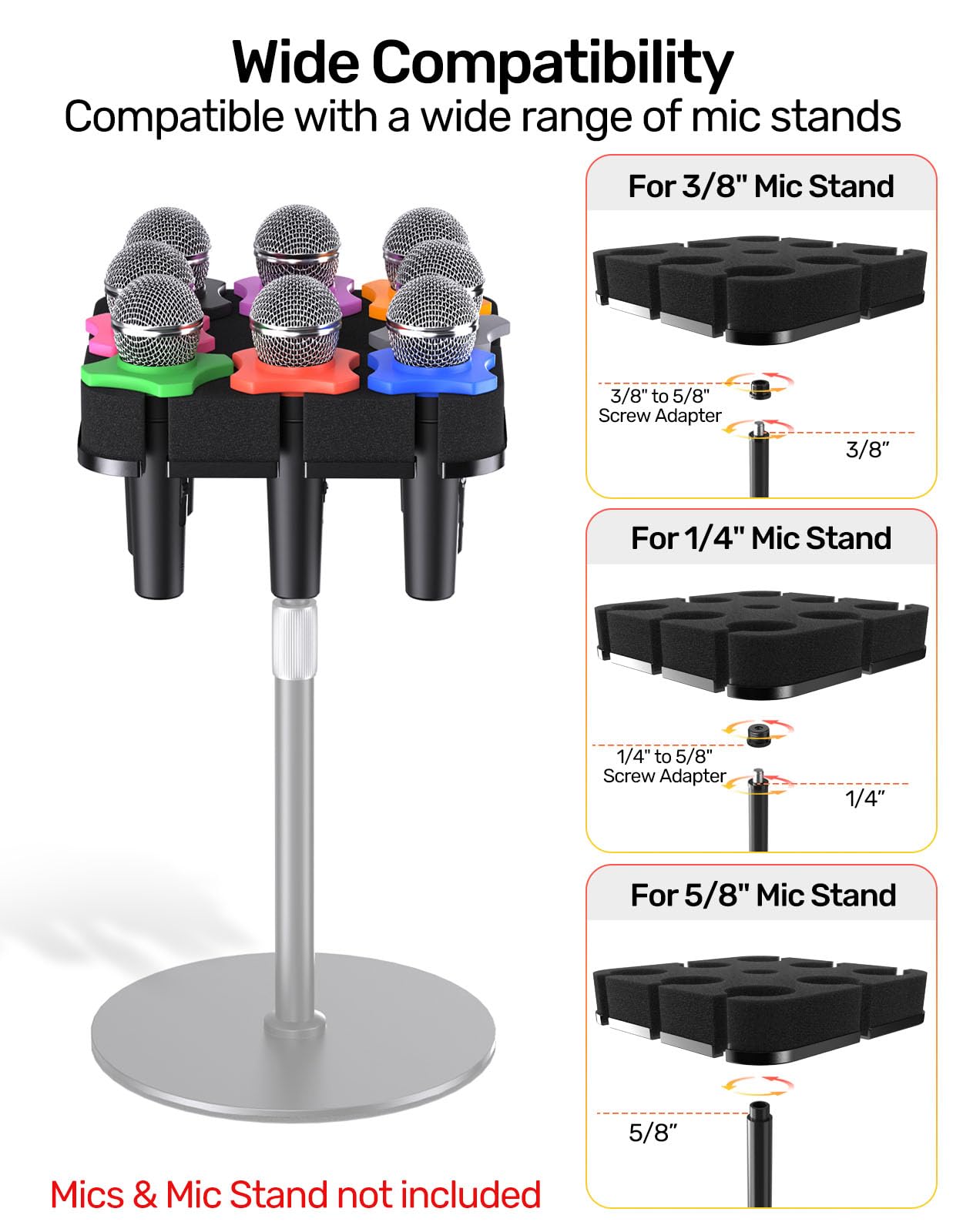 Multi Mic Holder for Stand, Organizer for 8 Mics, Aluminum/Foam Protection
