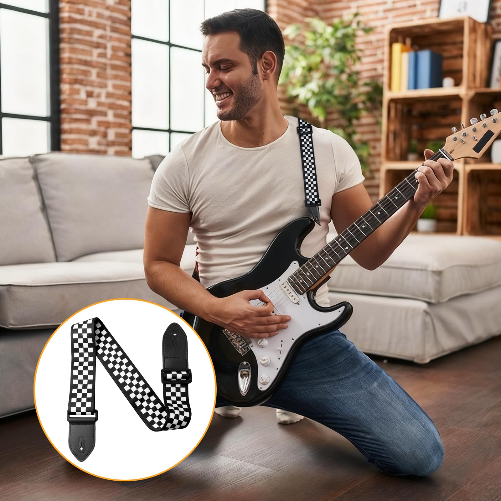 Black White Grid Guitar Strap, Stylish Acoustic Electric Guitar Strap