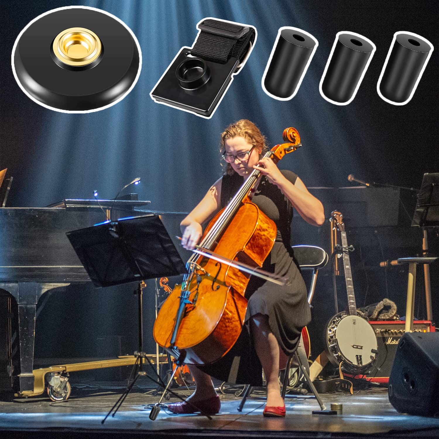 OBTANIM 5 Pcs Cello Endpin Anchor Stopper Include Adjustable Strap Rest Endpin Non Slip Stand Holder 3 Pcs Rubber Tip Floor Protector for Cello Bass Performance Accessories