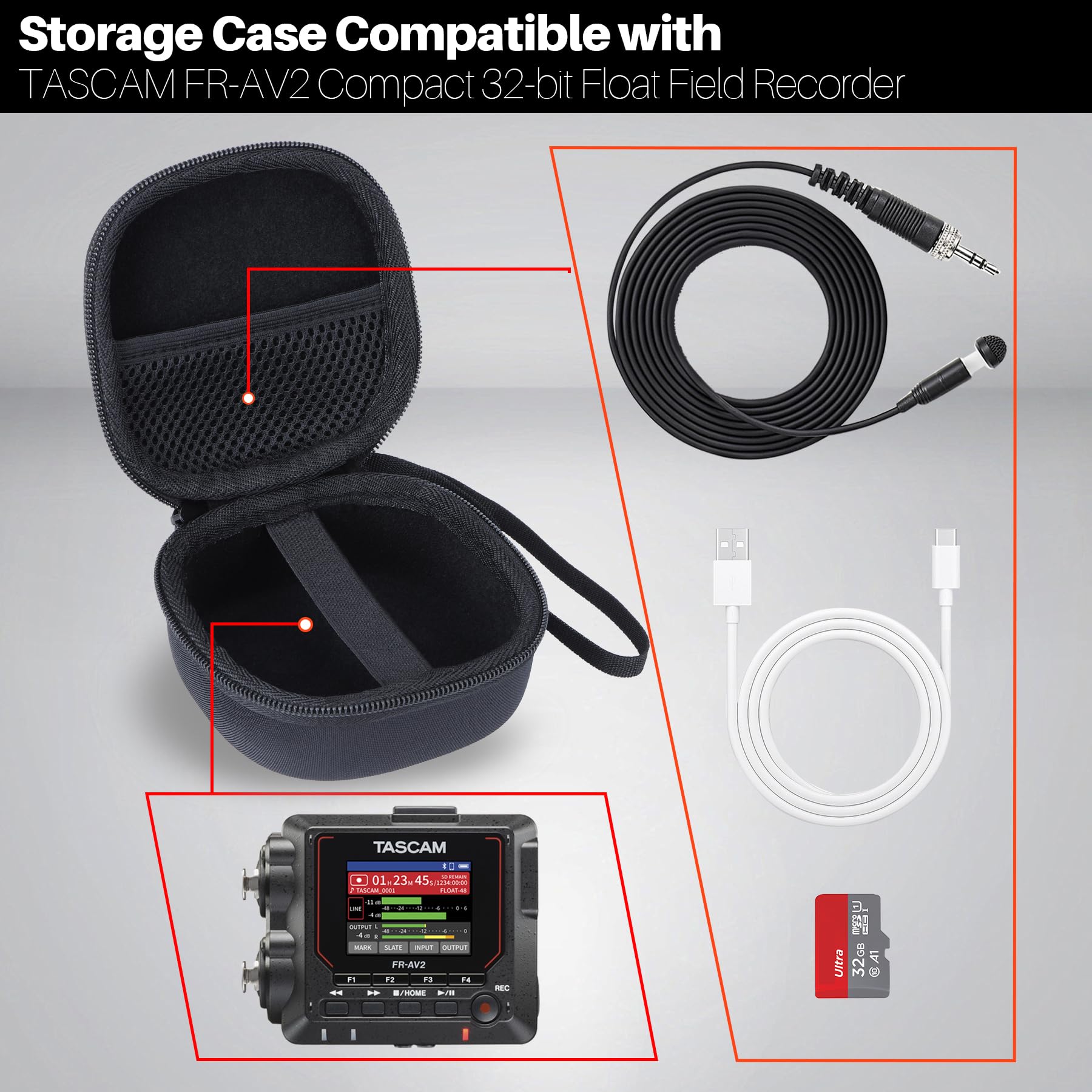 Lebakort Storage Case Compatible with TASCAM FR-AV2 Compact 32-bit Float Field Recorder Timecode Generator Mixer