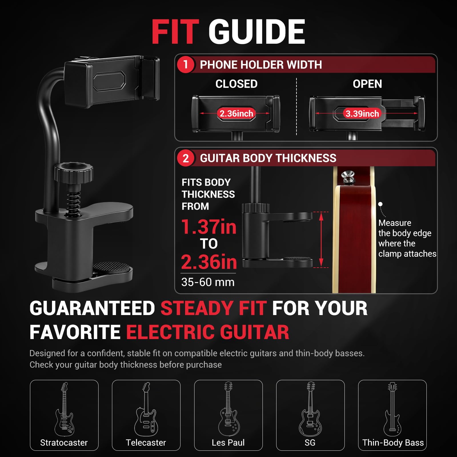 Fibnek Guitar Phone Holder Mount for Acoustic, Fits 1.0″-2.5″ Body,Classical, Electric Guitar, Bass and Ukulele