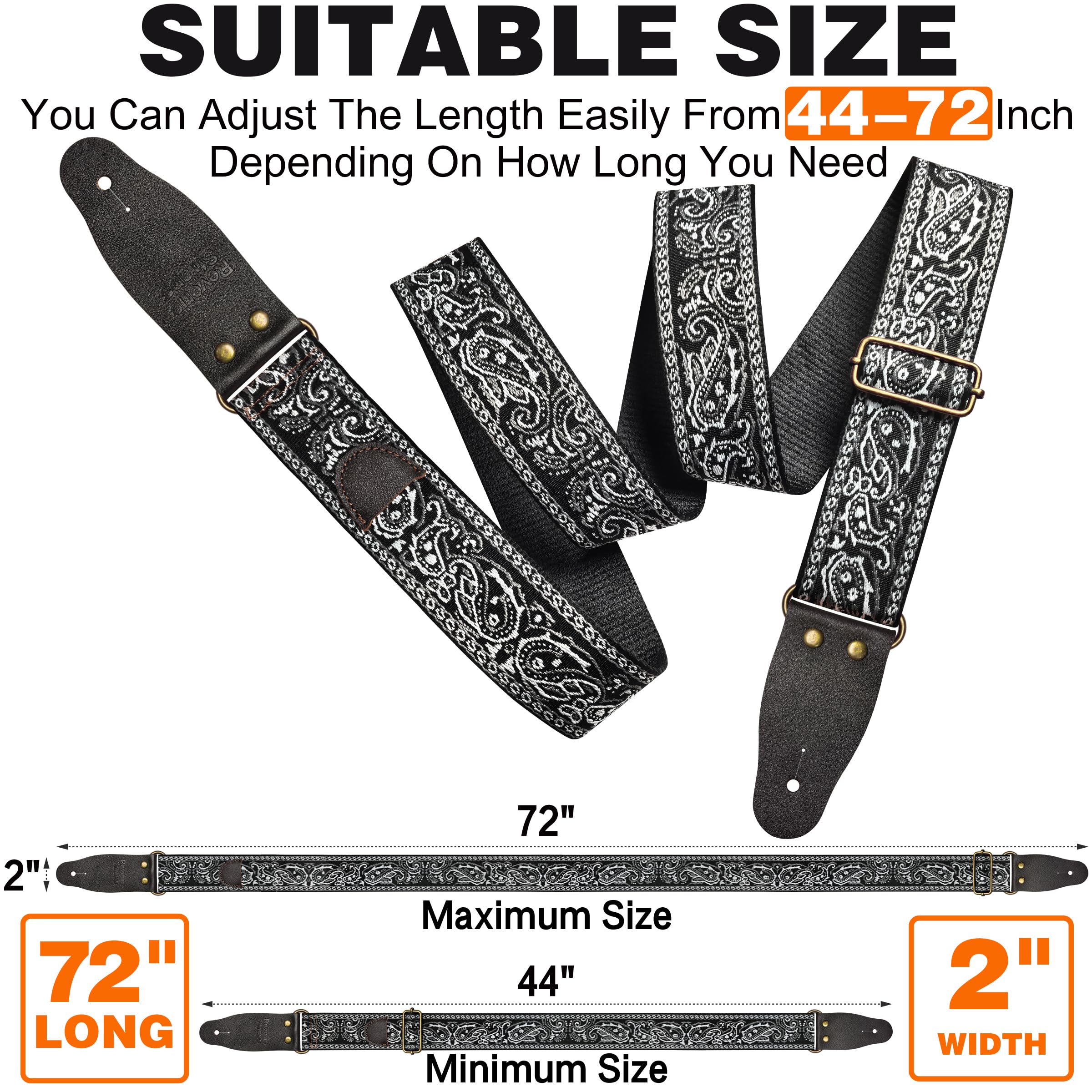 72 Inch Guitar Strap, Vintage Black White Paisley Jacquard Woven Adjustable Strap with Premium Genuine Cowhide Leather Ends, Strap Locks & Picks for Acoustic Electric Bass (Black and white)