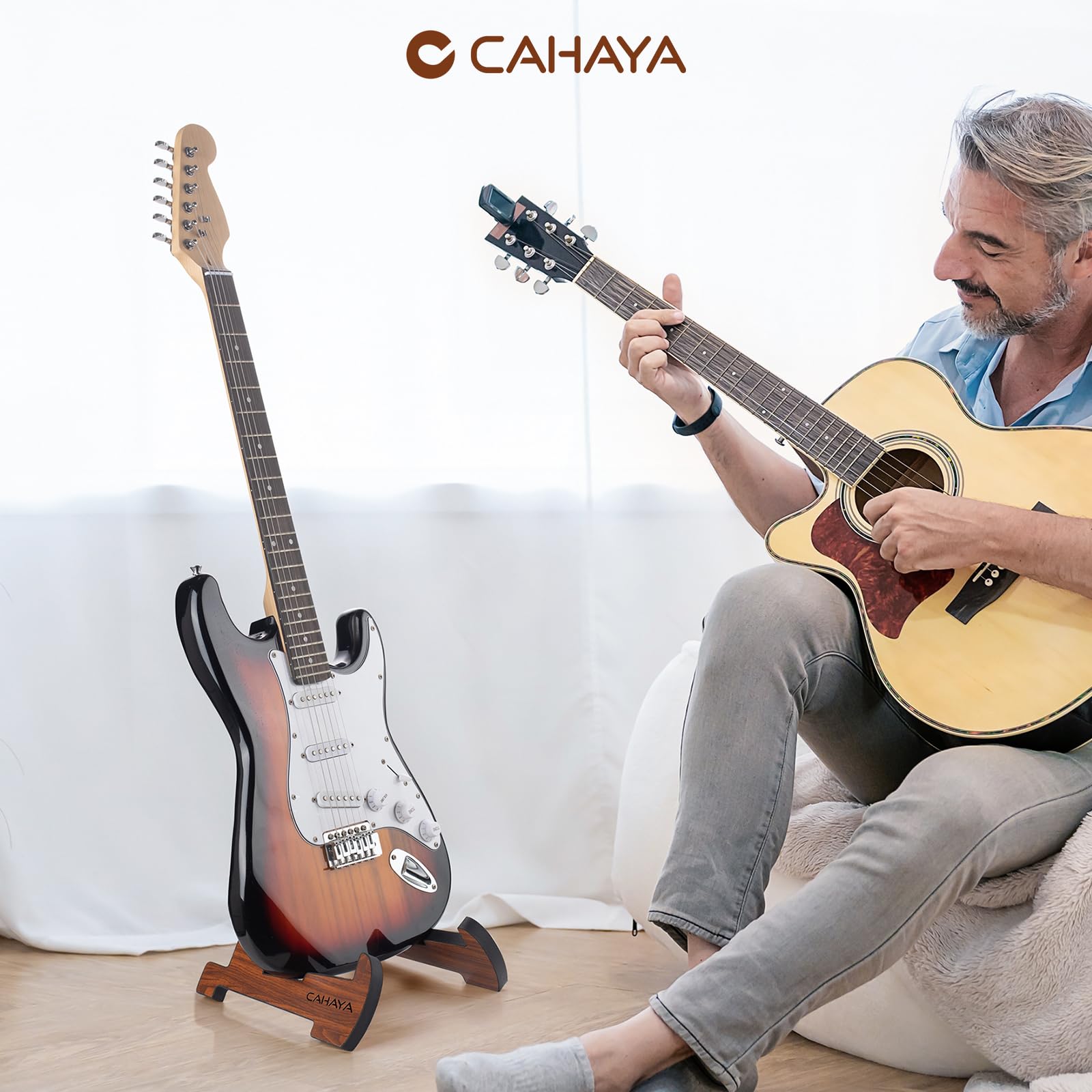 CAHAYA Guitar Stand Floor Wooden Portable Foldable A-Frame Guitar Stands