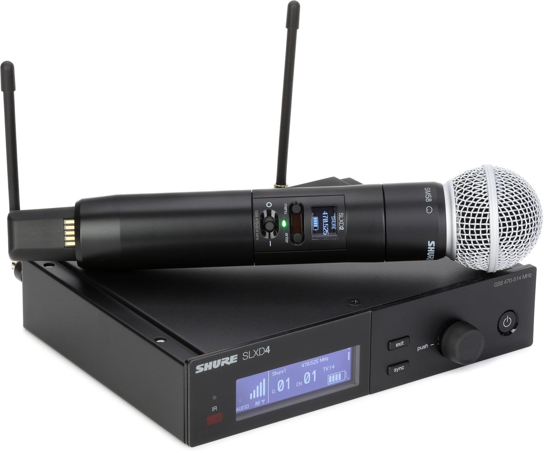 Shure SLXD24/SM58 Digital Wireless Microphone System – Includes SLXD2 Handheld Transmitter with SM58 Vocal Mic Capsule and SLXD4 Single Channel Rack Mount Receiver | G58 Band (SLXD24/SM58-G58)