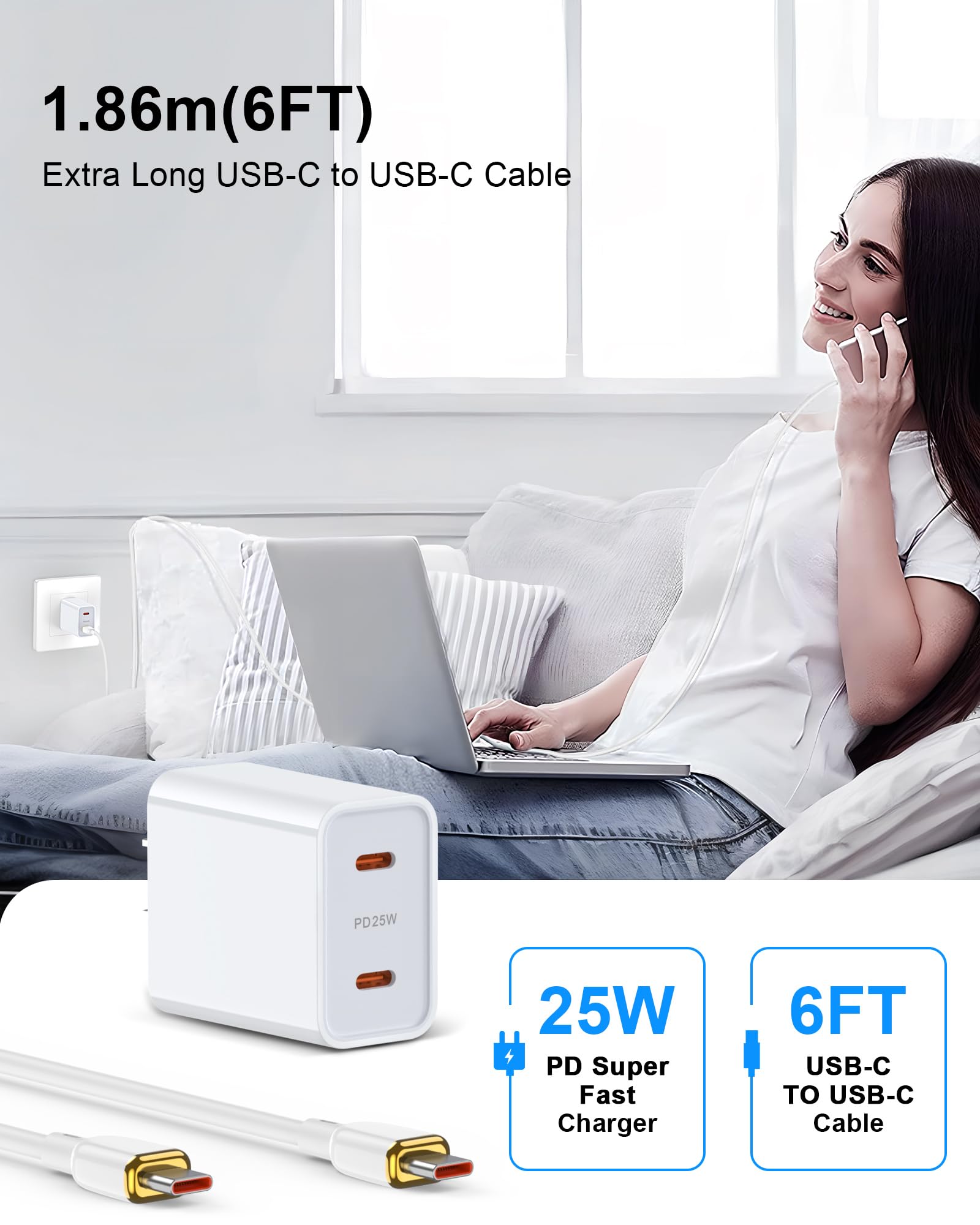 iPhone 17e 16e Type C Charger Fast Charging for Apple 17 Pro Max/17Pro/Air/17/16e/16 Pro Max/16Pro/16Plus/16/15Pro Max/15 Pro/15Plus/15, 25w Dual USB-C Charger Block and Cable for Galaxy S26 S25 S24
