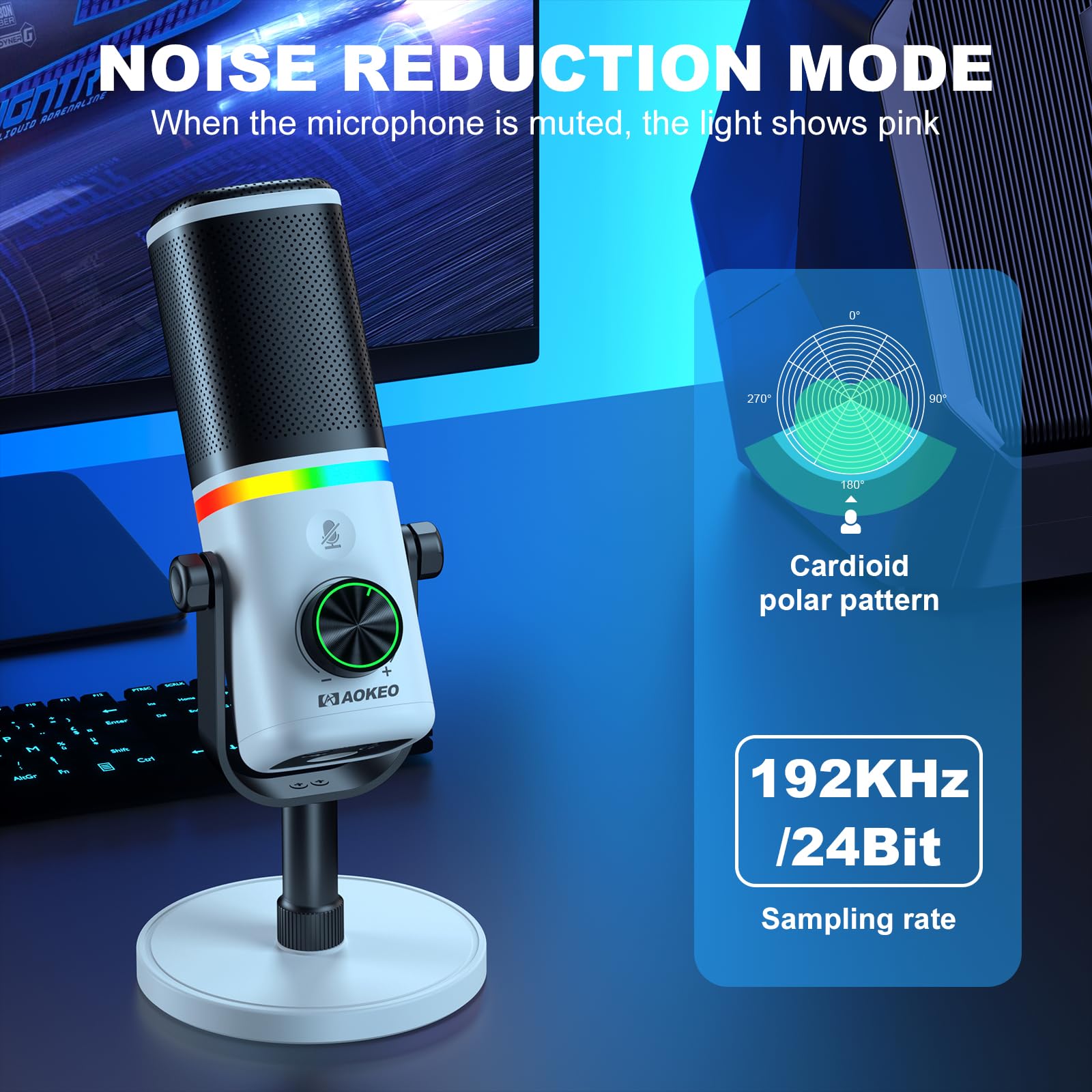 Aokeo Microphone for PC, AK-10 USB/XLR Dynamic Desktop Microphone for Gaming,Podcast,Streaming with RGB Light,Volume Control,Mute Button,Noise Reduction