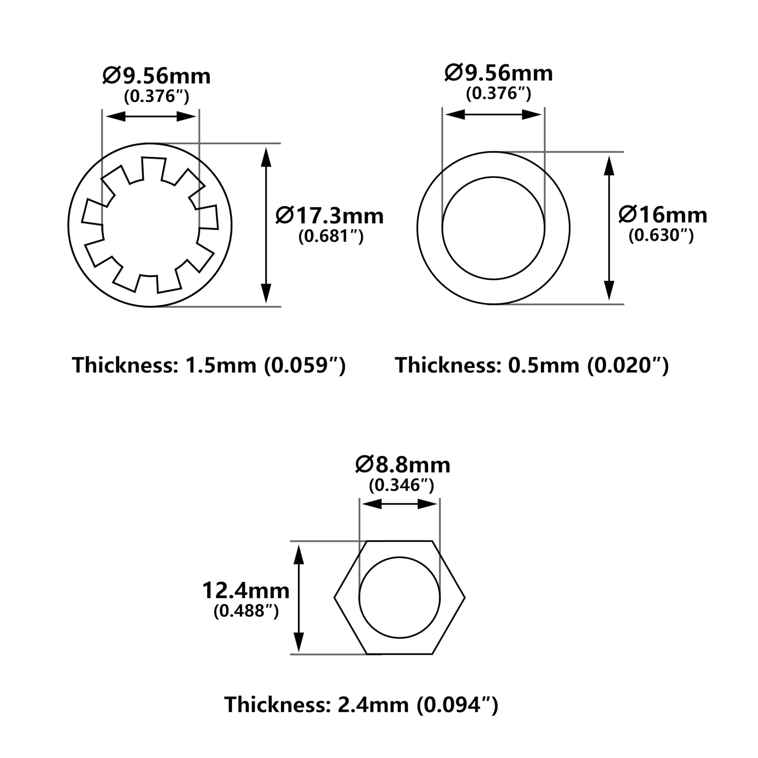 Banworks Imperial Thread 3/8 inch Guitar Potentiometers Nuts & Lock Washers