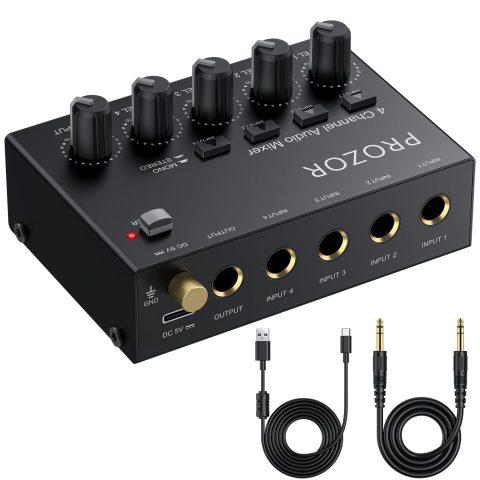 PROZOR Mini Audio Mixer 4 Channel Line Mixer – USB-C Powered Sub Mixer