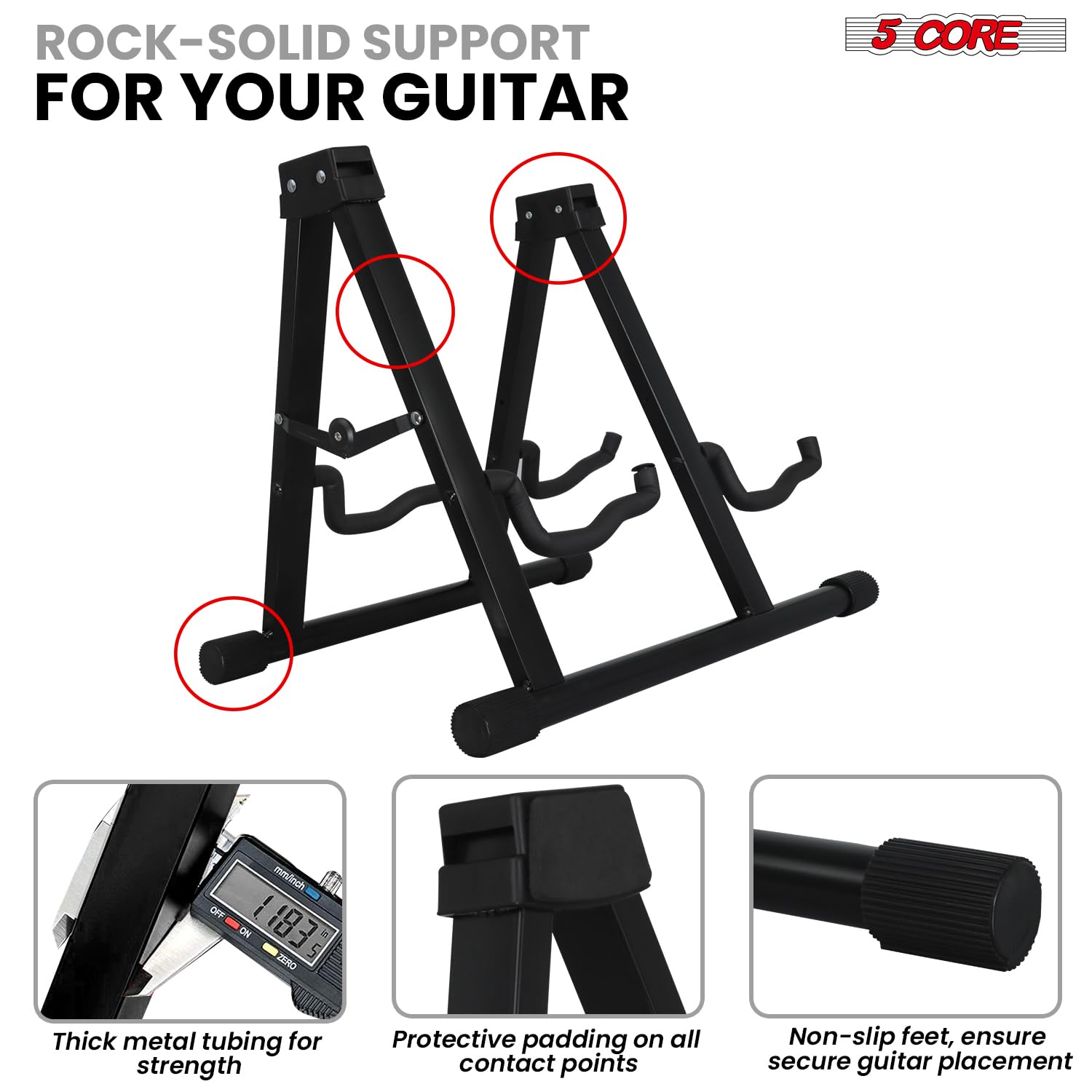 5 CORE Guitar Stand 2 In 1 Electric Acoustic Bass Banjo Stand Heavy Duty Strong Metal Double A-Frame Folding Dual Guitar Holder with Soft Padded Foam Sleeves Black