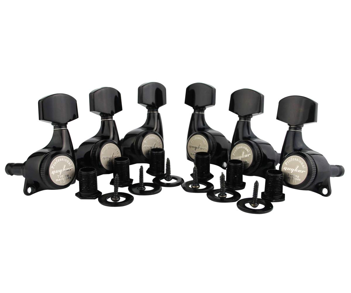 Guyker 6Pcs Guitar Locking Tuners (3L + 3R Handed) – 1:21 Ratio Lock String Tuning Key Pegs Machine Heads with Hexagonal Handle Replacement for LP SG Style Electric, Folk or Acoustic Guitars – Black