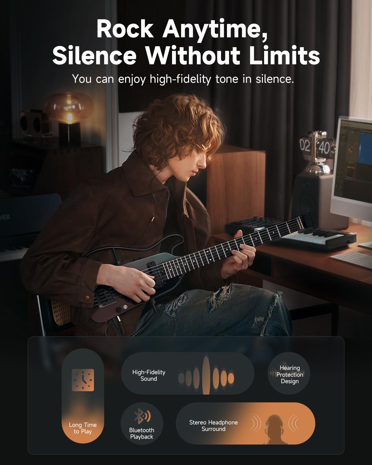 Donner HUSH X PRO Electric Guitar Kit – Smart Travel Guitar with Dozens of Preset Combinations, 7 Tone Sim Options, Midnight Glow