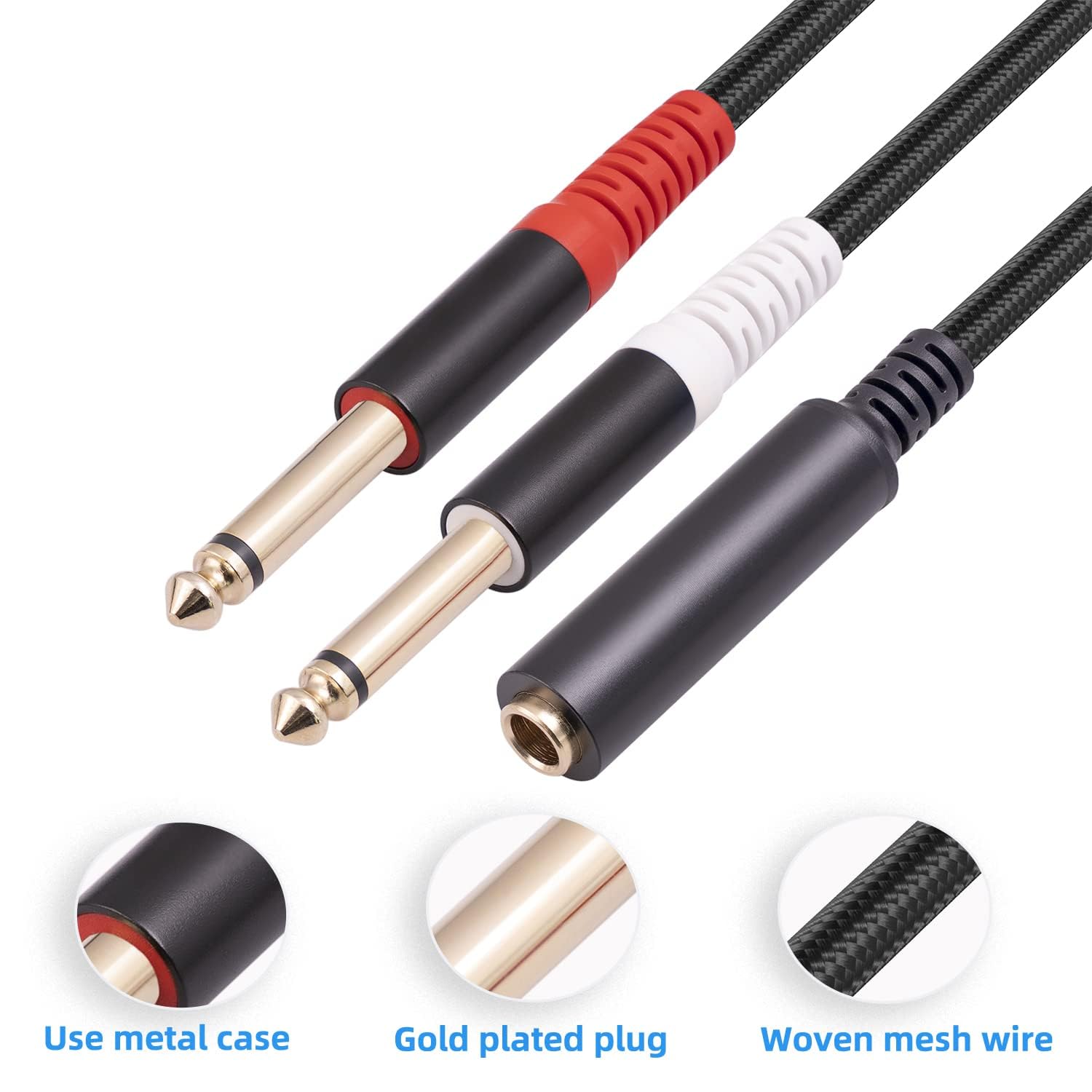 Menewstart 2 Pack 1/4 TRS Breakout Cable 1 FT, Splitter Y Adapter, 6.35mm TRS Female to Dual 6.35mm TS Mono Male Jack Cable for Guitar or Mixer with Jack Output