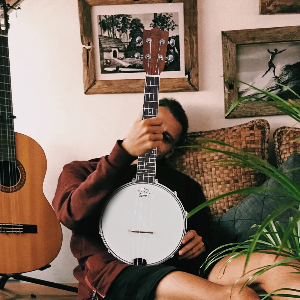 Mulucky 4-String Banjo Ukulele | Banjolele 23″ Sapele Wood with Remo Head & Nylon Strings | Dark Brown Travel Kit (Bag, Tuner, Picks) – BU806