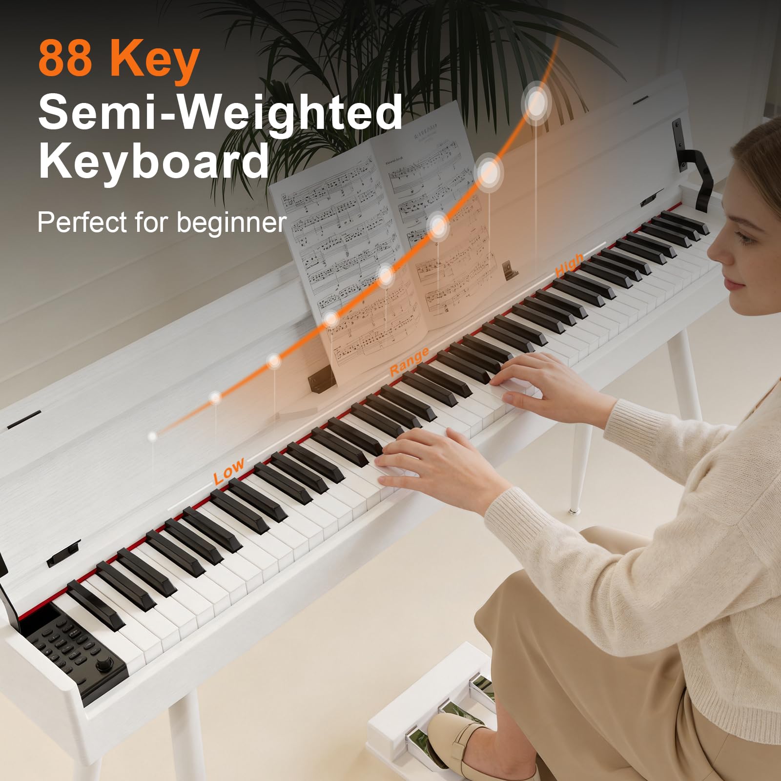 ZHRUNS 88 Key Full-Weighted Digital Piano – Wooden Upright Electric Keyboard with Progressive Hammer Action, 3-Pedal Unit, Stand & Headphone Jack for Beginner Adults (White)