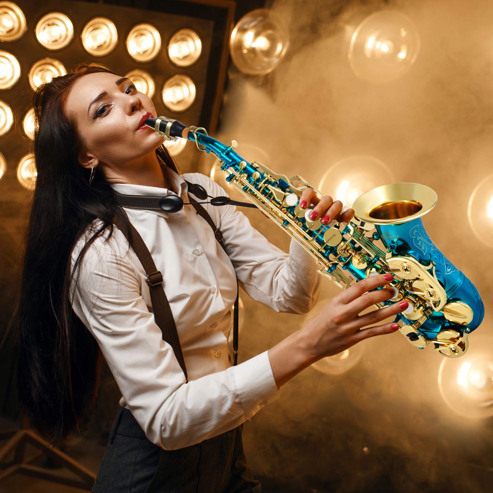 EASTROCK Bb Curved Soprano Saxophone Lake Blue for Beginners Students