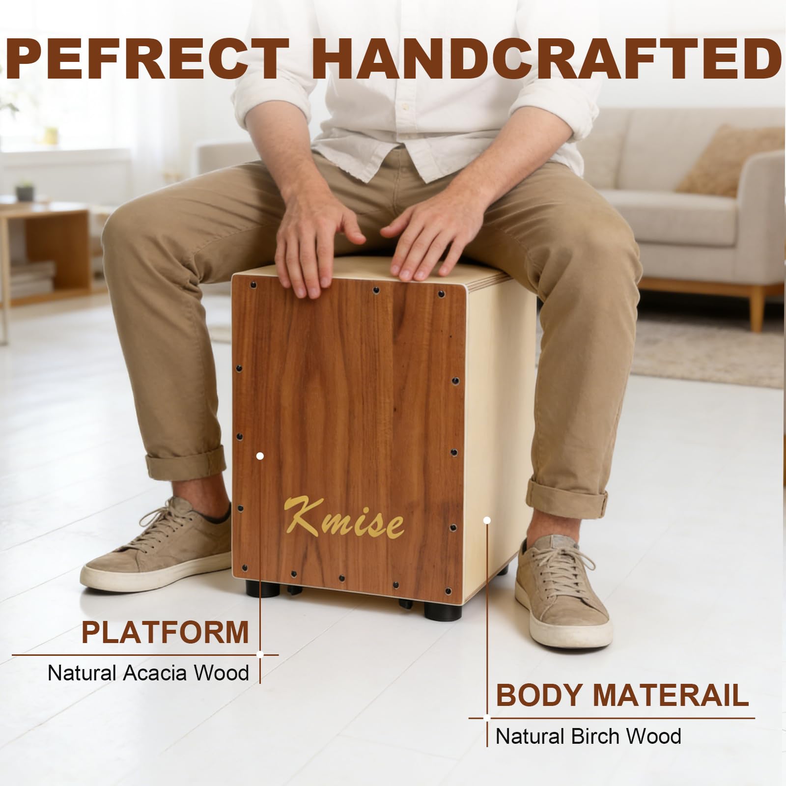 Kmise Portable Cajon Drum Box, 11.8×12.2×14.5″ Adjustable Snare Cajons Drums, Solid Acacia & Birch Wood, Percussion Instrument Gift for Adults Kids, With Carry Bag,for Home Live Performance Practice