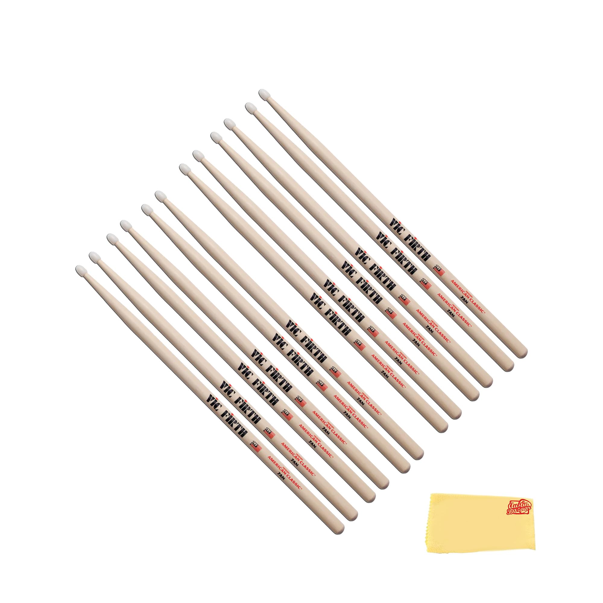 Vic Firth American Classic 7A Nylon Tip Drumsticks – 6-Pack Bundle with Austin Bazaar Polishing Cloth