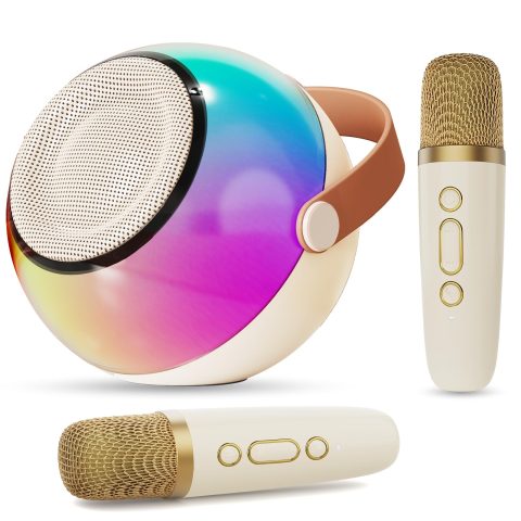 Mini Karaoke Machine for Kids Adults, Portable Bluetooth Speaker with 2 Wireless Microphones, Karaoke Toys for Family Party, Birthday Gifts for Girls Ages 4, 5, 6, 7, 8, 9, 10, 12+ (Beige, 2 Mics)