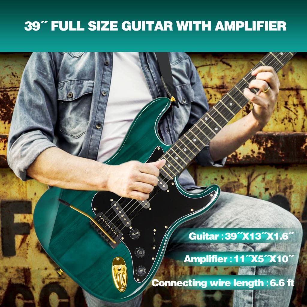 MUSTAR Electric Guitar Kit with 25W Amplifier, 39 Inch Full Size Solid Wood Electric Guitar Beginner Kits, Gig Bag, Digital Tuner, Capo, Strap, Cable, Picks, Birthday Holiday Gifts (Green, MEG-100)