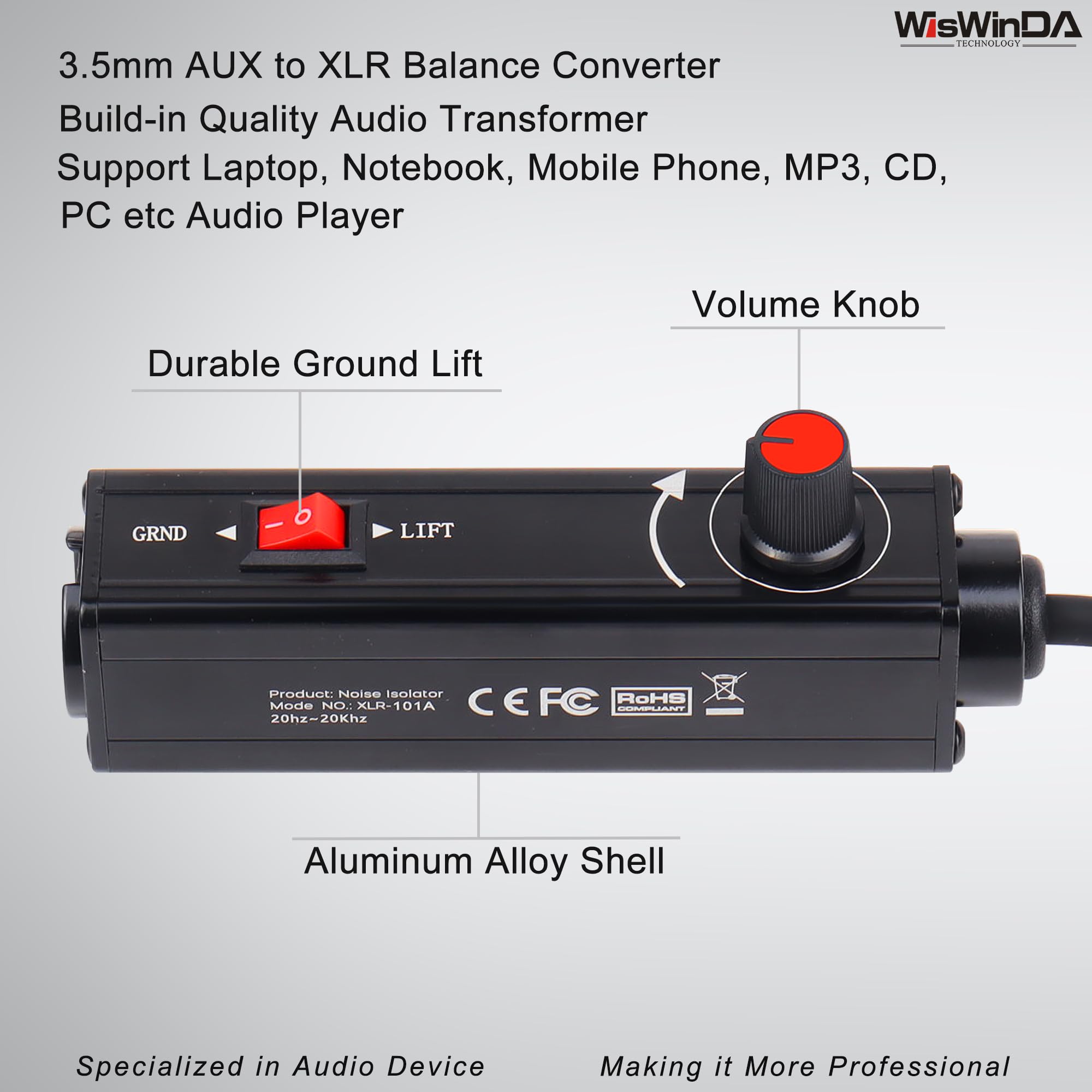 WisWinDa Pro101A AUX to XLR Isolation Box with Volume Controller and Ground Lift Switch Build-in Cord Length 3.3ft with Detachable 3.5mm Aux Gold Coating Plug (Pro 101A Aux-XLR)