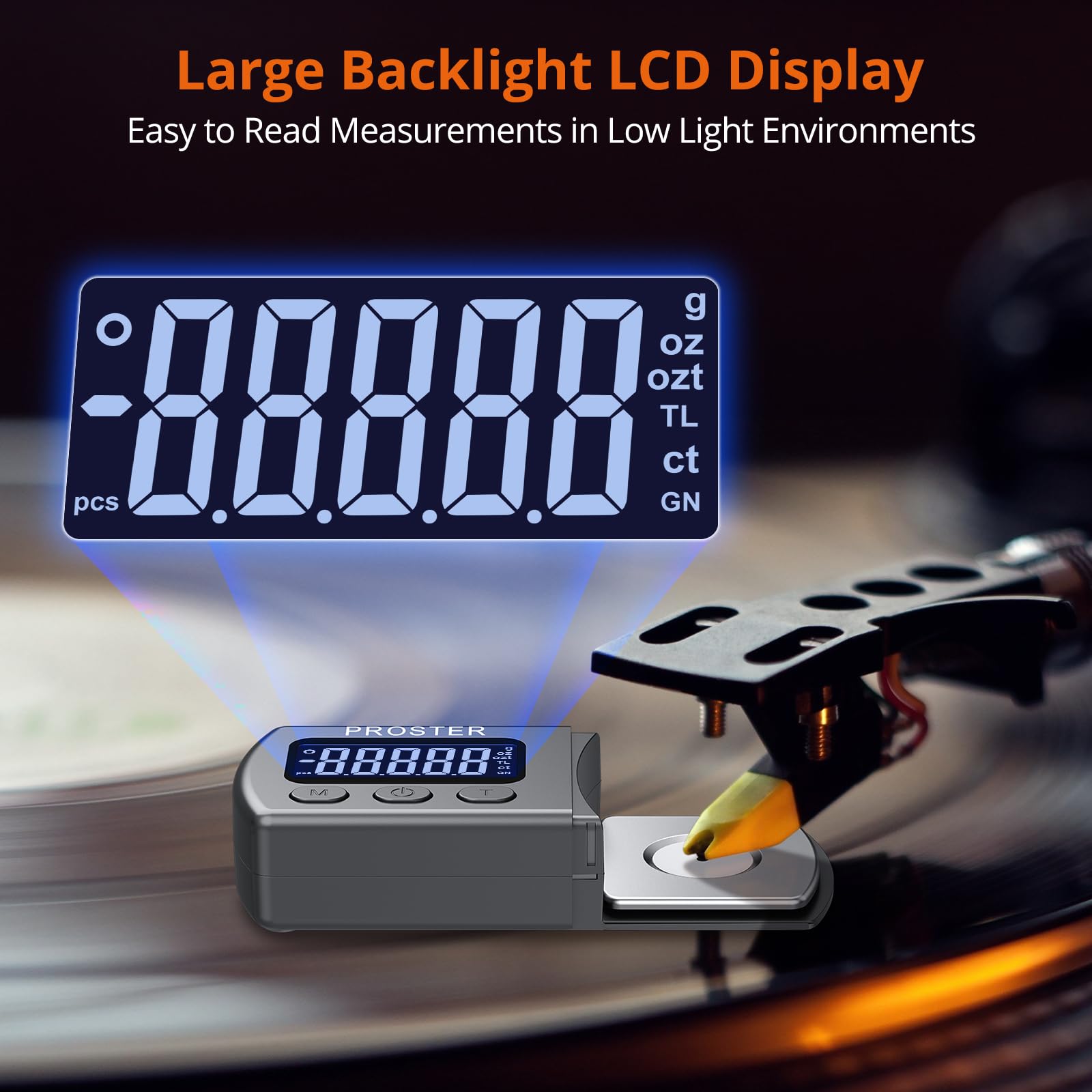 Proster Digital Turntable Stylus Weight Gauge Tracking Force Gauge 0.01g/5g Nonmagnetic Cartridge Scales with LCD Backlight and 5g Calibration 4 Spare Batteries for MM/MC/MI Phono Cartridges