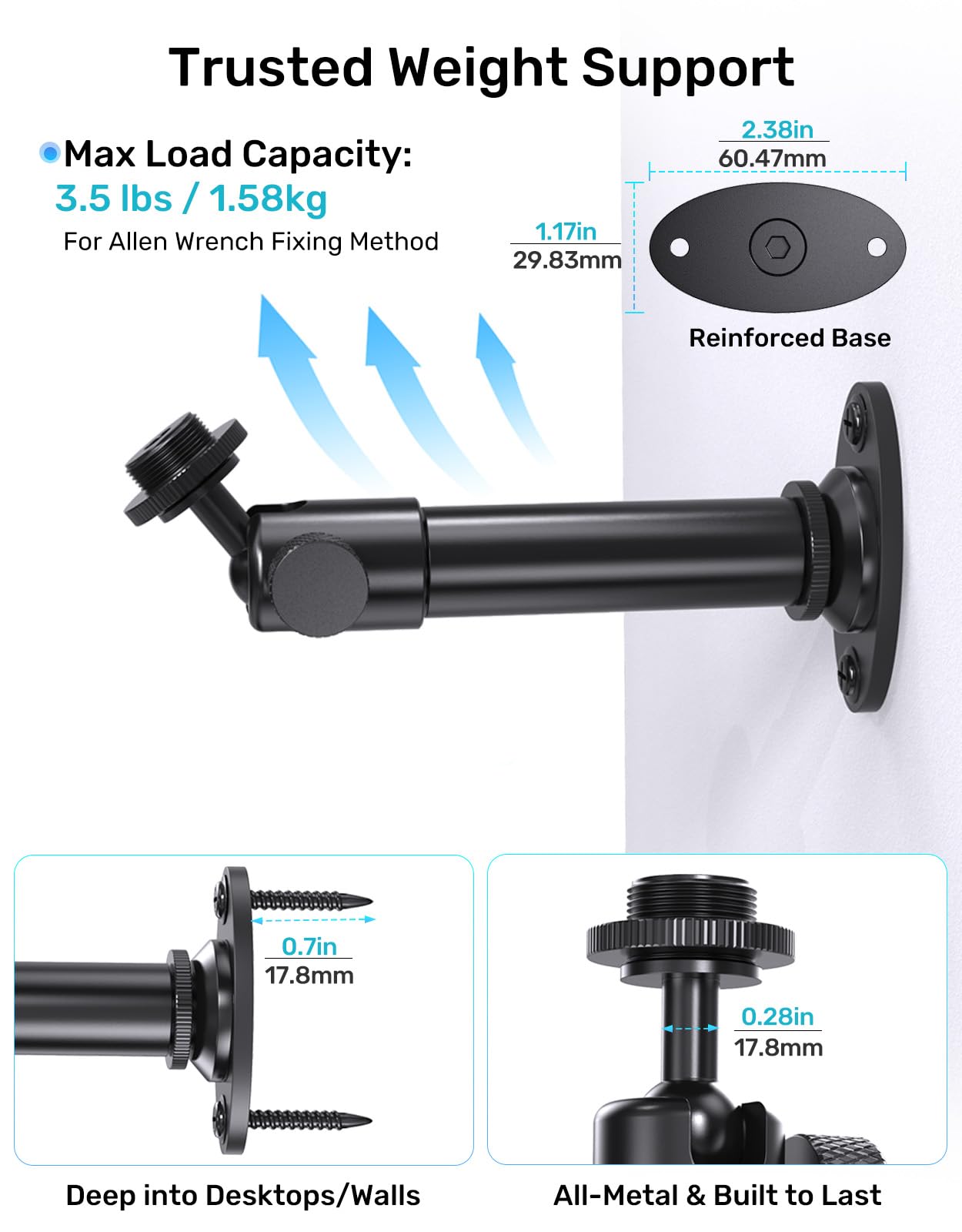 Mic Wall Mount Bracket with Ball Head, 180° & 360° Swivel, 5/8” Flange Base
