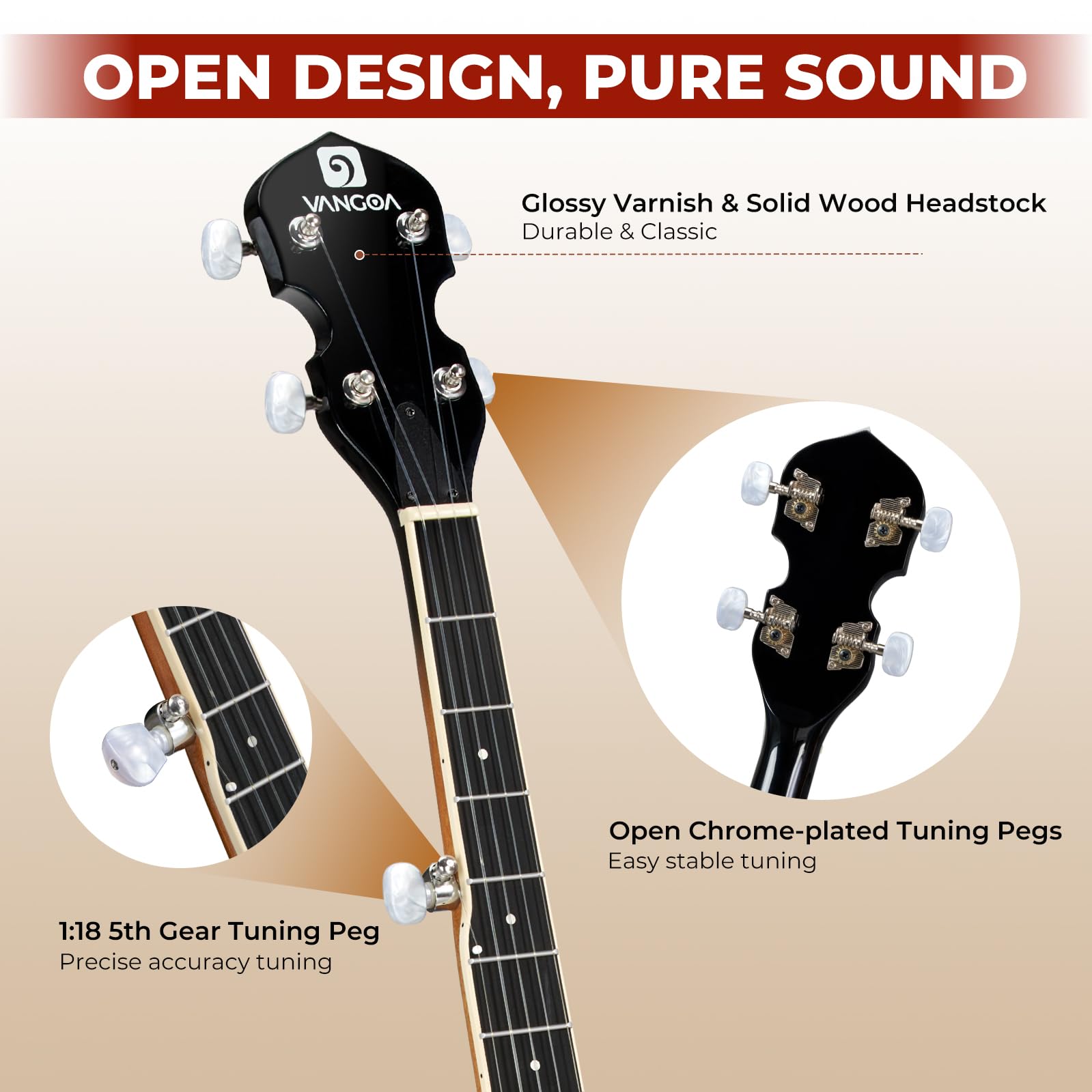 Vangoa NYLON Banjo 5 String Kit, 38 Inch Full Size Banjo with Nylon Strings with Gig Bag, Premium Accessories Outfit, Starter Kit for Beginners Adults Teens, Brown