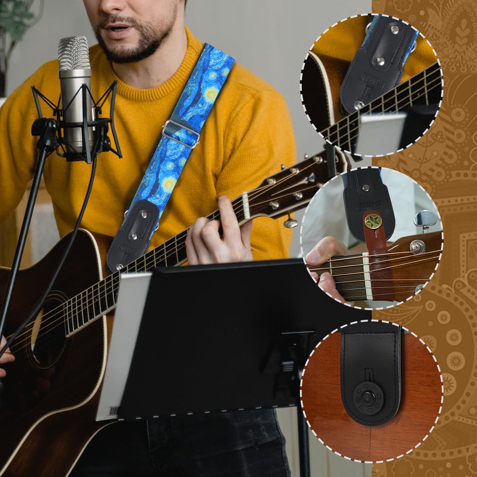 JIPIS Universal Strap for Bass,Electric & Acoustic Guitar with Creative Van Gogh Starry Sky Pattern, Include 3 Picks, 2 Locks,1 Headband Adjustable Guitar Strap for All Guitarists (GS-07 Starry sky)