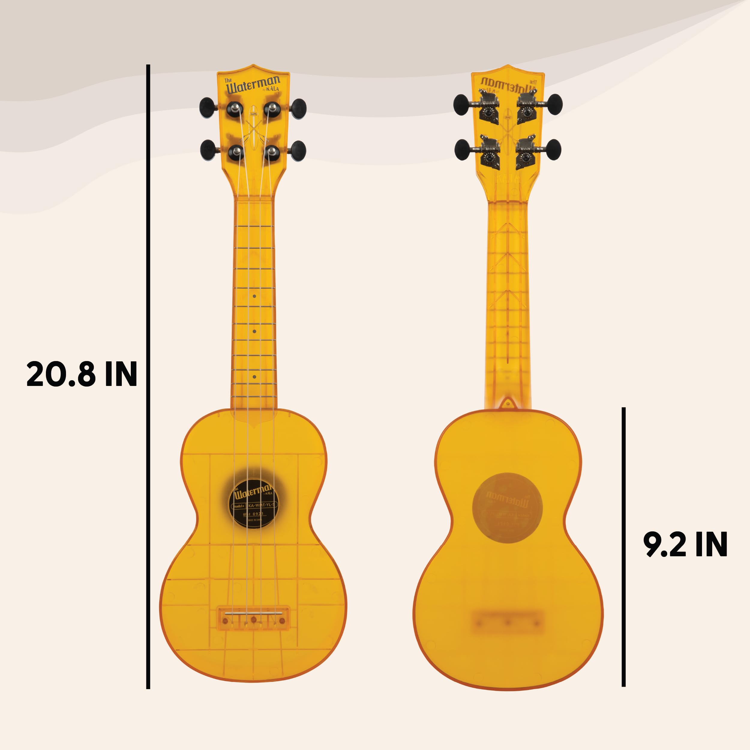 Kala Ukulele Amber Yellow 4 String Soprano Ukulele from the Waterman Sea Glass Collection, Classroom Instruments