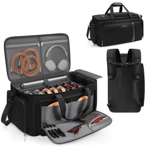 Large DJ Cable Organizer Bag, Padded Gig Bag with 8 Detachable Divider, Travel DJ Mixer Backpack for Musicians, Professional Multi-Pocket for 17″ Laptop, Microphone, Cord, Headset & Music Accessories