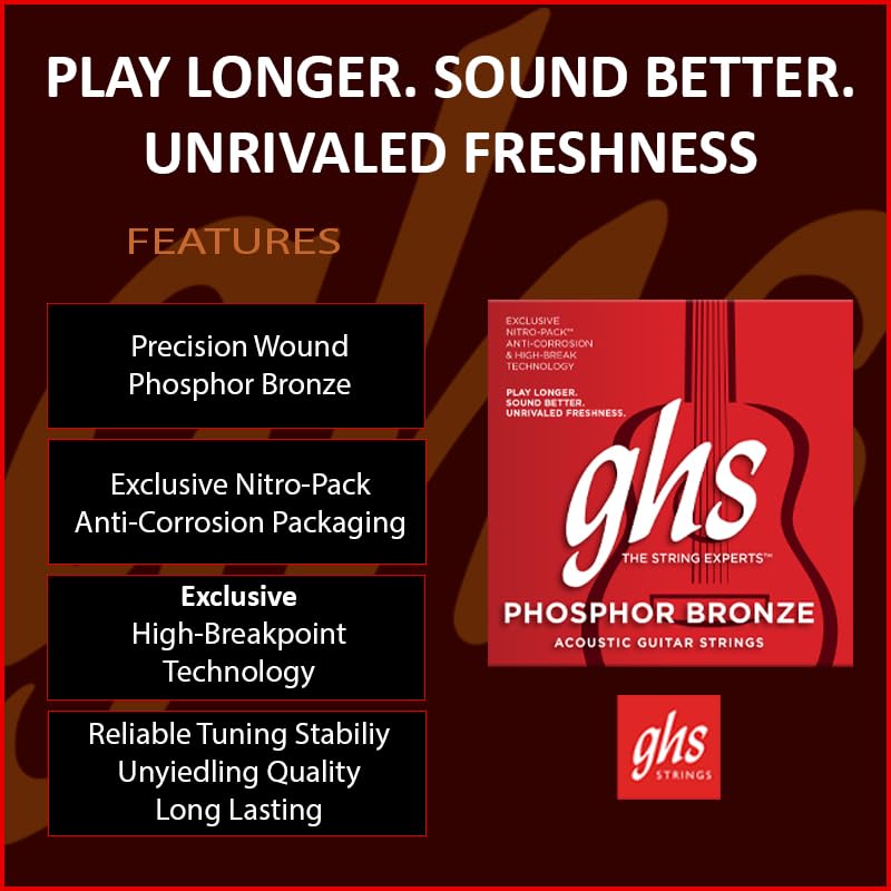 GHS Strings – Phosphor Bronze Acoustic Guitar Strings – Warm, Rich Tone, Balanced & Long-Lasting – For Acoustic, Fingerstyle, Strumming, Country, Rock, S305 Set (UL) Ultra Light Gauge 10-46