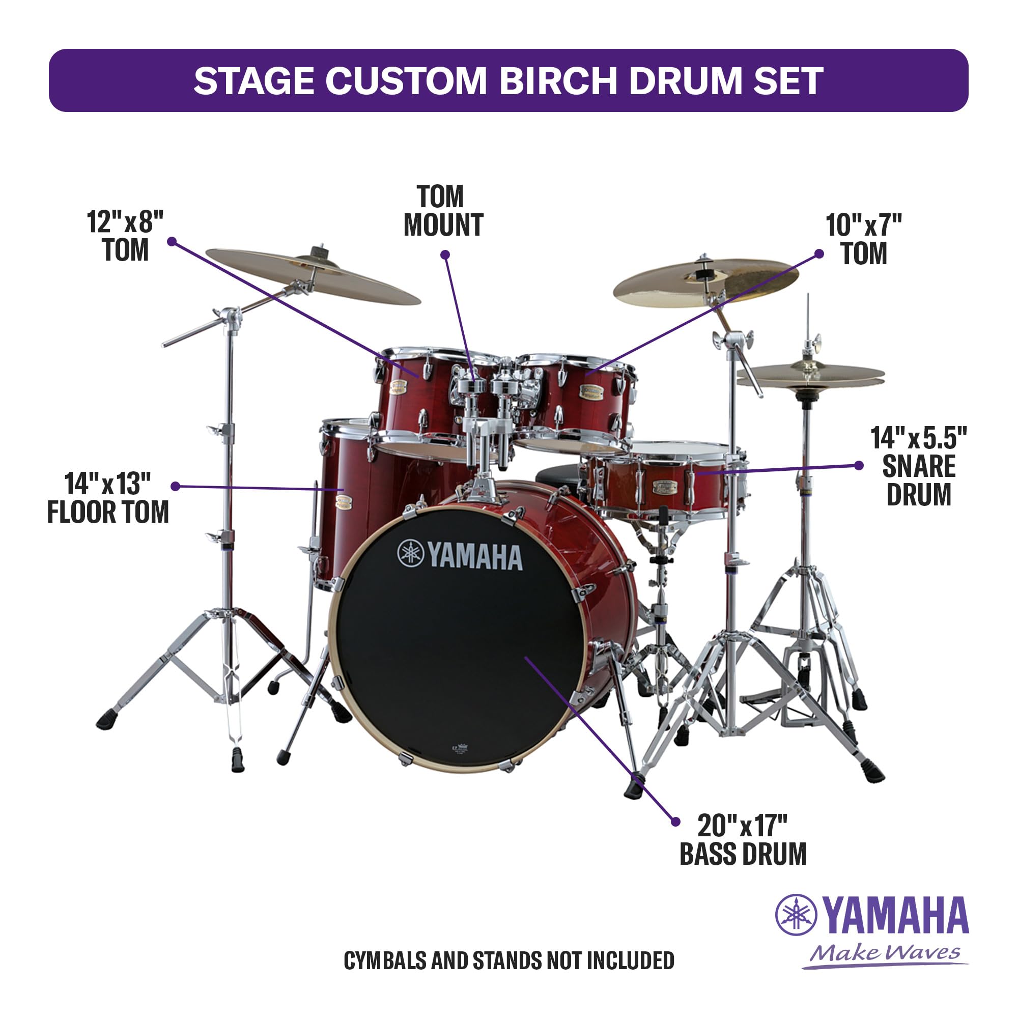 Yamaha Stage Custom Birch 5pc Drum Shell Pack With a 22″ Kick Drum and 14” Snare Drum in Cranberry Red For Students and Working Drummers (SBP2F50CR)