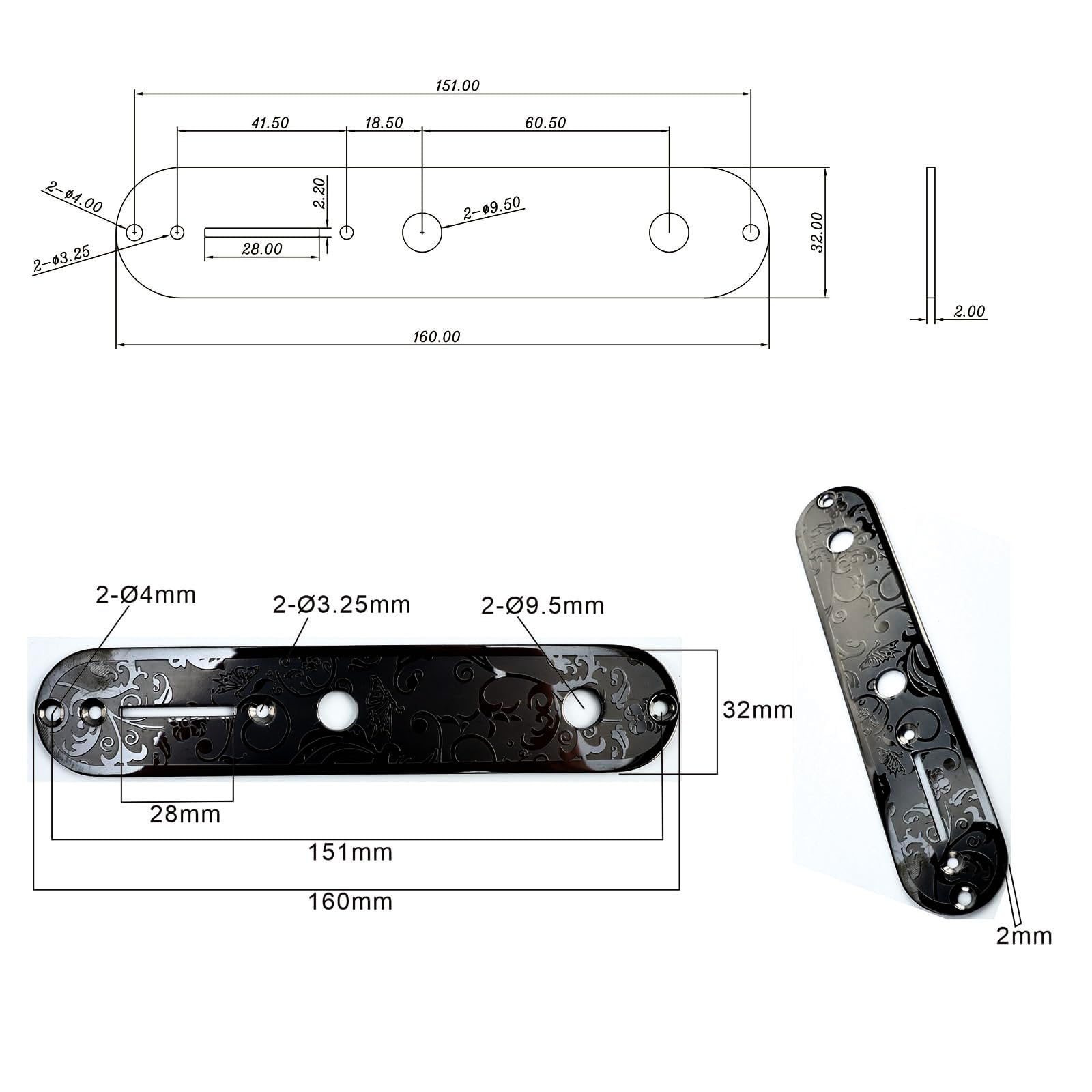 OVSAL Stainless Steel Engraved Telecaster Control Plate 2-Hole Mount 9.5mm (3/8″) CNC Electric Guitar Control Plate Compatible with Most Fender Tele Style Guitar Replacement Parts(Black)
