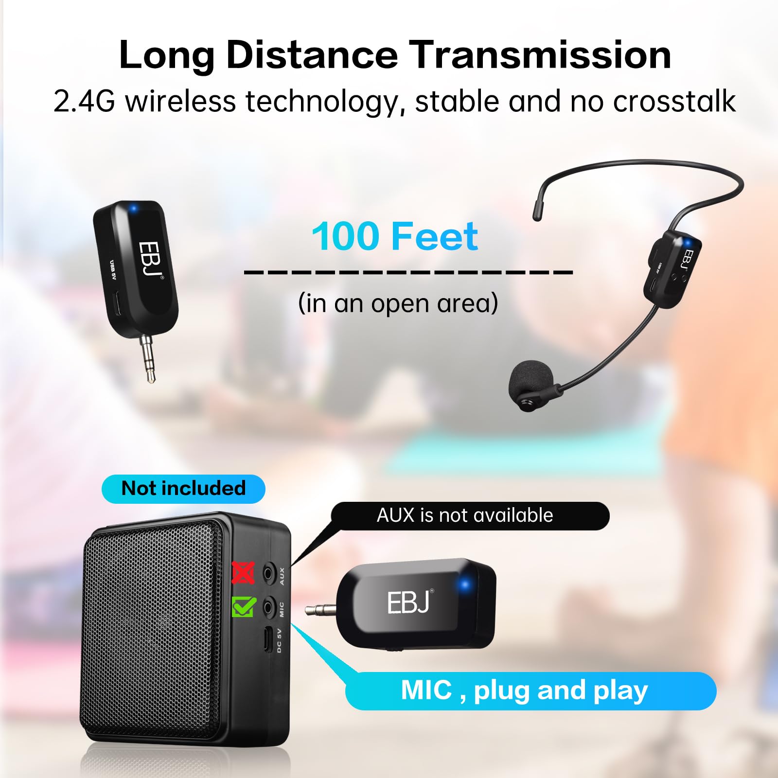 EBJ 2.4G Wireless Headset Mic and Handheld Mic 2 in 1, 30m Stable Transmission, Dual Type-c USB Charging, Compatible with Speakers, Voice Amplifier, PA System (KX-620-1)