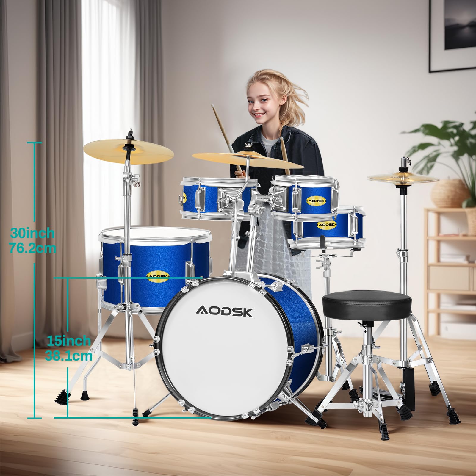 AODSK 5-Piece 14″ Jr. Drum Set, Complete Kit with Throne, Cymbals & Sticks