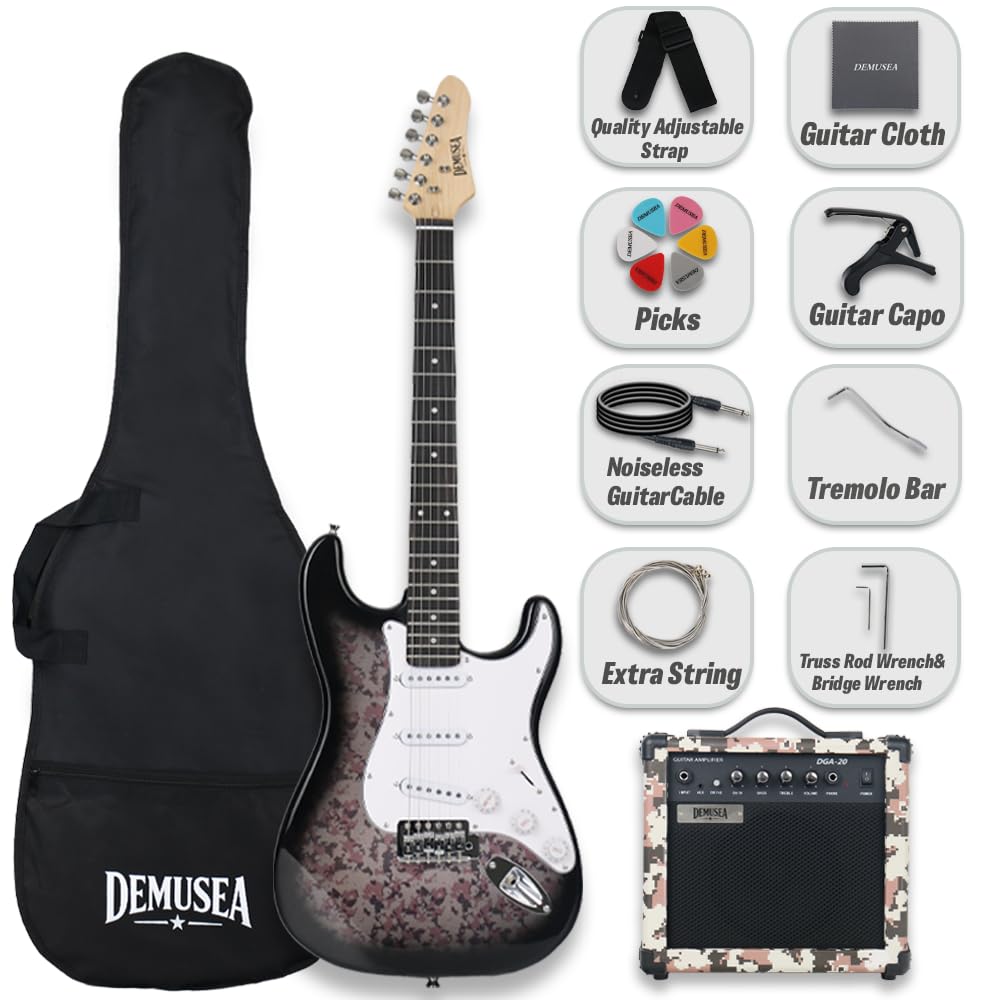 Full Size Camo Electric Guitar Kit With 20W Amp Bundle Noiseless Cable Bag Picks Capo String Strap Guitar Cloth tremolo Bar Wrenches In As Free 39Inch Guitar Solid Body 6.5Inch Speaker (ST Camo Pink)