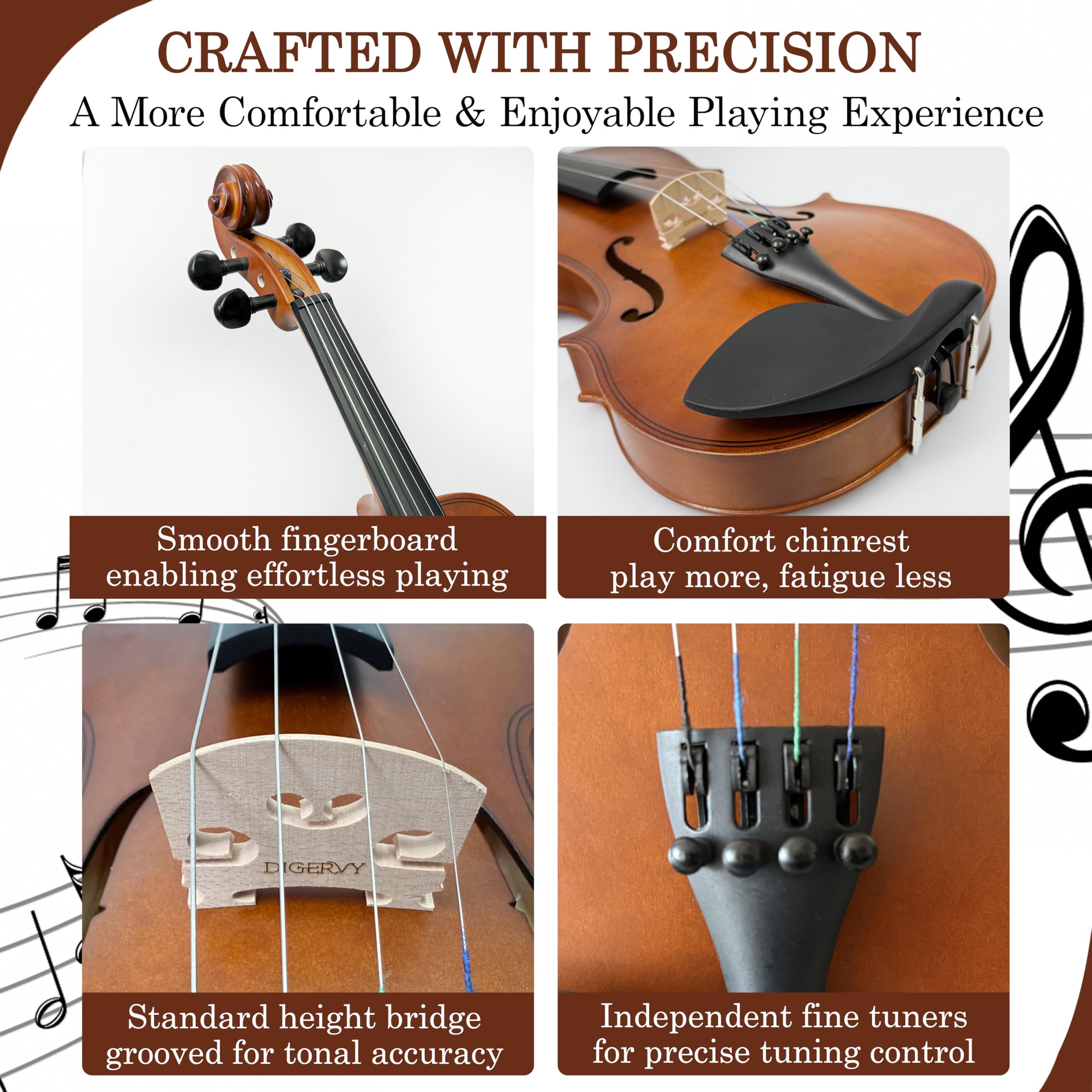 DIGERVY Violin 4/4 Full Size Kit, Violin Fiddle Set for Beginner Adults Students with Rosewood Bow, Violin Case, Shoulder Rest, Extra Strings and Bridge(Plywood, Full)