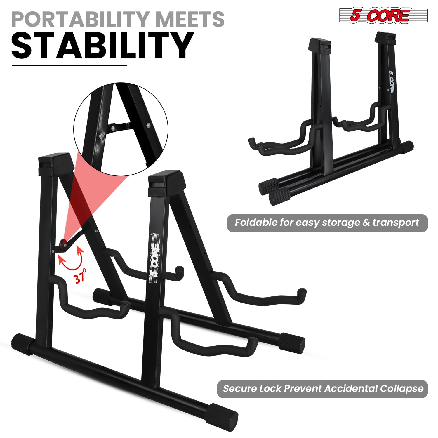 5 CORE Guitar Stand 2 In 1 Electric Acoustic Bass Banjo Stand Heavy Duty Strong Metal Double A-Frame Folding Dual Guitar Holder with Soft Padded Foam Sleeves Black