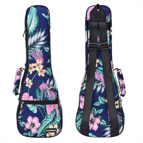 CLOUDMUSIC Ukulele Case Gig Bag, Tenor 26″, Dark Blue Hawaii Hibiscus