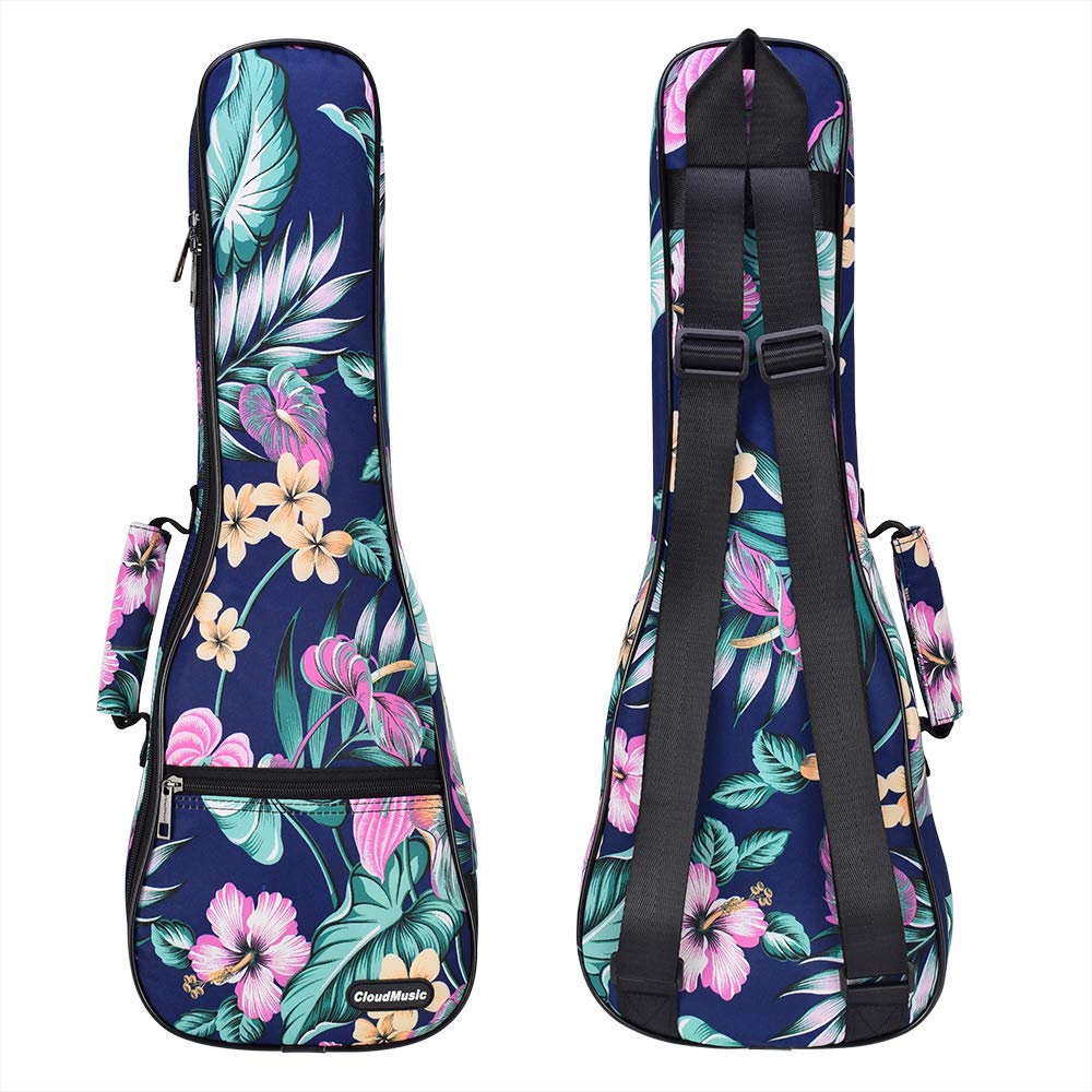 CLOUDMUSIC Ukulele Case Gig Bag, Tenor 26″, Dark Blue Hawaii Hibiscus