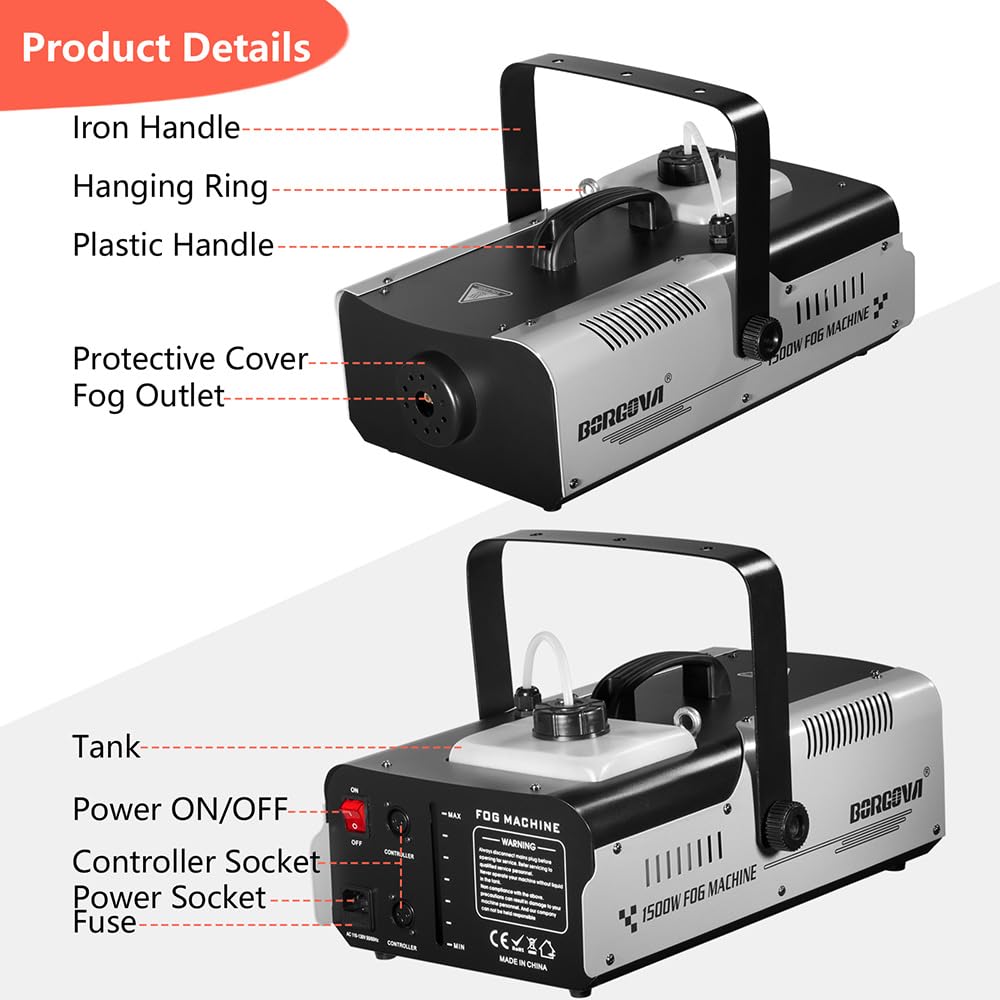 BORGOVA 1500W Fog Machine 2.2L Wireless Remote Stage Smoke Machine
