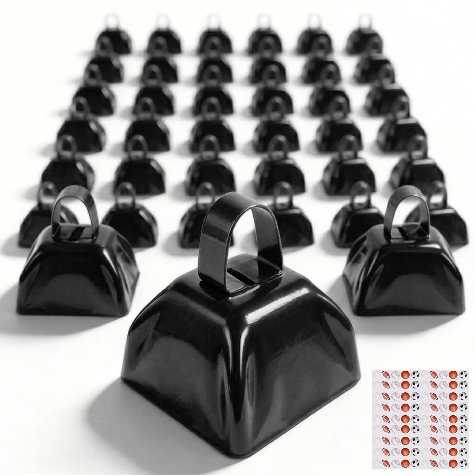 54 Pack Small Cow Bells for Sporting Events, Metal Cow Bells Bulk with Handle, 3 Inch Compact Noise Makers for Football Games, School Pep Rallies, Weddings and Parties, Black
