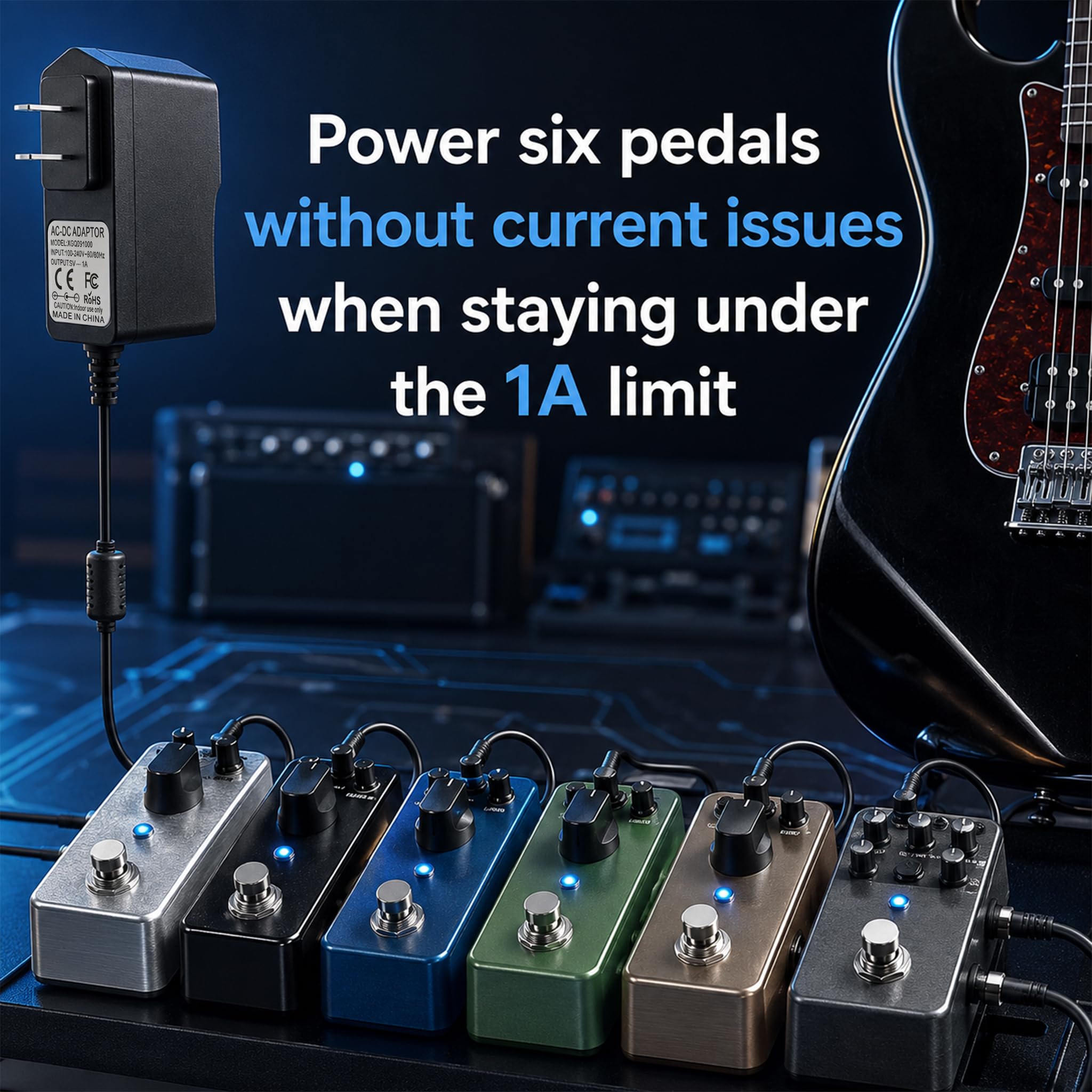 Rockhouse 9V DC 1A Guitar Pedal Power Supply with 6 Way Daisy Chain Cable