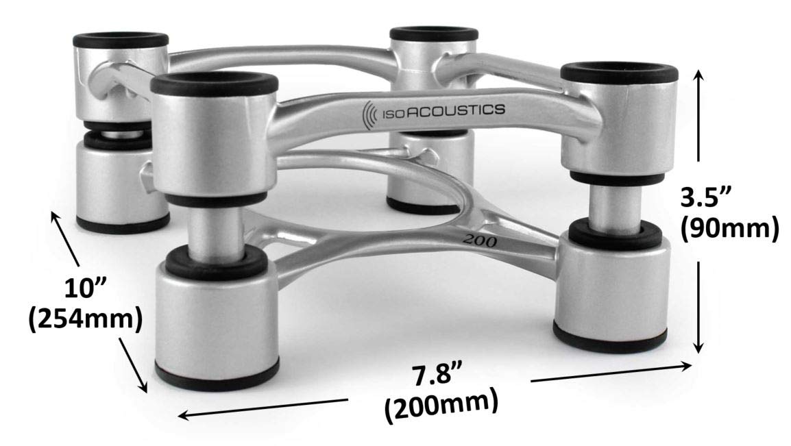 IsoAcoustics Aperta Series Isolation Speaker Stands with Tilt Adjustment: Aperta200 (7.8″ x 10″) Silver Pair
