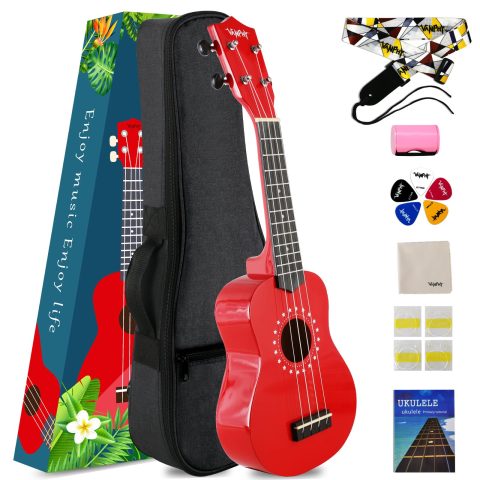 VANPHY Soprano ukulele for beginner kids with Gig Bag 21 Inch uke for Starter Hawaiian Soprano Ukalalee Polishing adults Basswood 21 Inch uke bundle with Strap Picks Songbook Cleaning Cloth (Red)