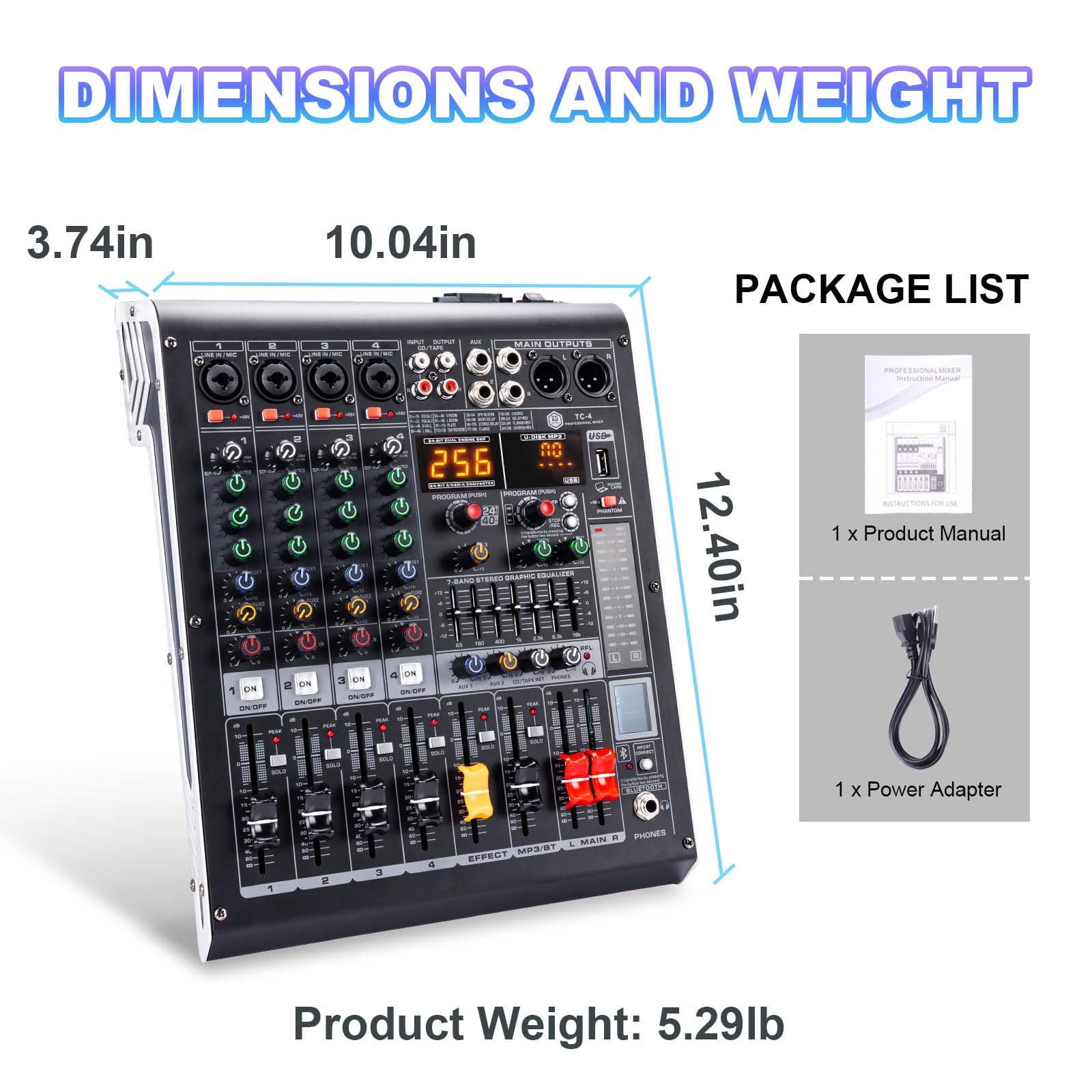 W IN-MIX 4 Channel Audio Mixer with Bluetooth, USB MP3 Player, 48V Phantom Power for Studio Recording, Live Performance, Karaoke, Podcast